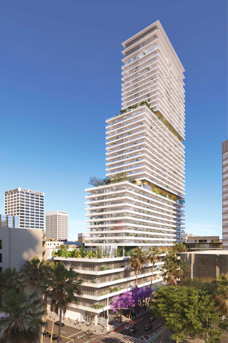 A tall building that has terraces with trees. 