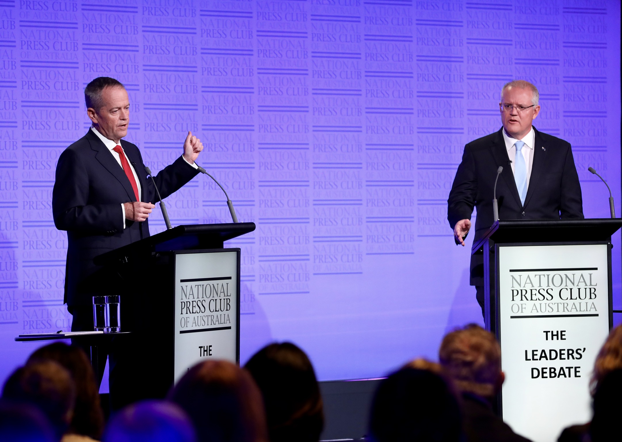 Prime Minister Scott Morrison and Labor leader Bill Shorten take part in “The Leaders’ Debate’’ at the National Press Club on May 8, 2019 in Canberra, Australia.