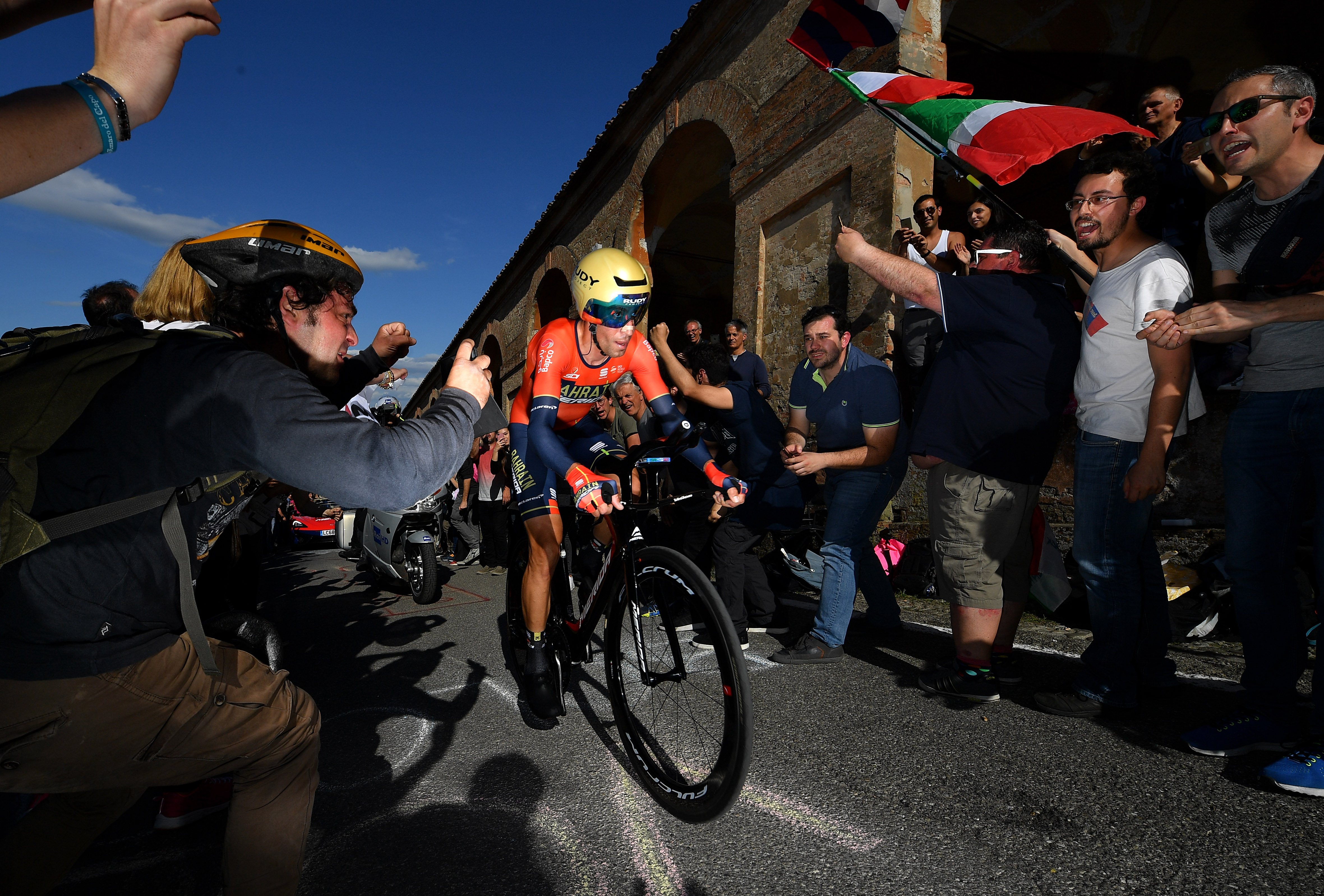 BOLOGNA, ITALY - MAY 11: Vincenzo Nibali of Italy and Team Bahrain - Merida / Public / Fans / during the 102nd Giro d’Italia 2019, Stage 1 a 8km Individual Time Trial from Bologna to San Luca-Bologna 274m / ITT / Tour of Italy / #Giro / @giroditalia / on 