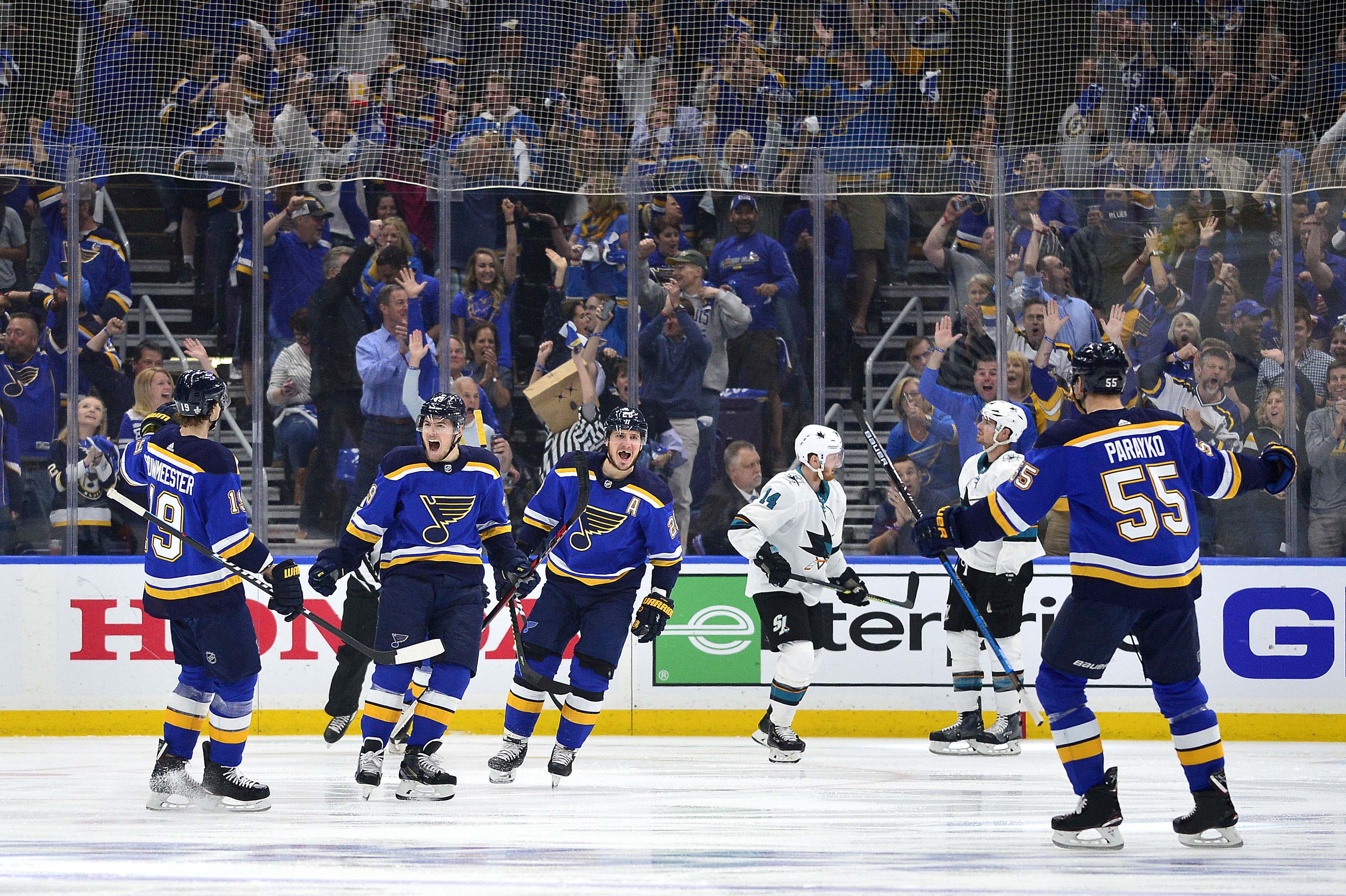 St. Louis Blues center Ivan Barbashev (49) is congratulated by teammates after scoring during the first period in game four of the Western Conference Final of the 2019 Stanley Cup Playoffs against the San Jose Sharks at Enterprise Center.