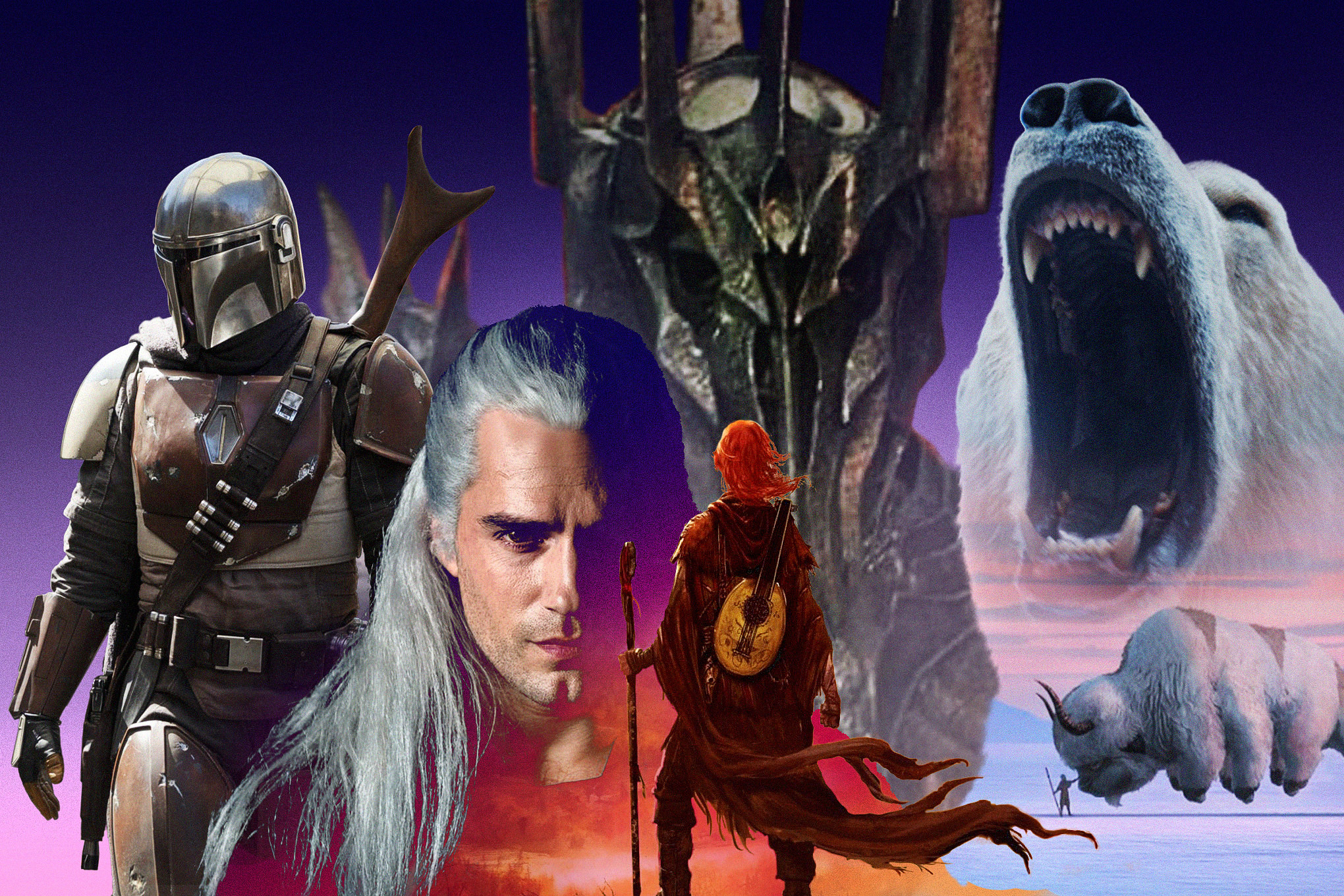 a collage of characters from TV shows such as The Mandalorian, The Witcher, and His Dark Materials