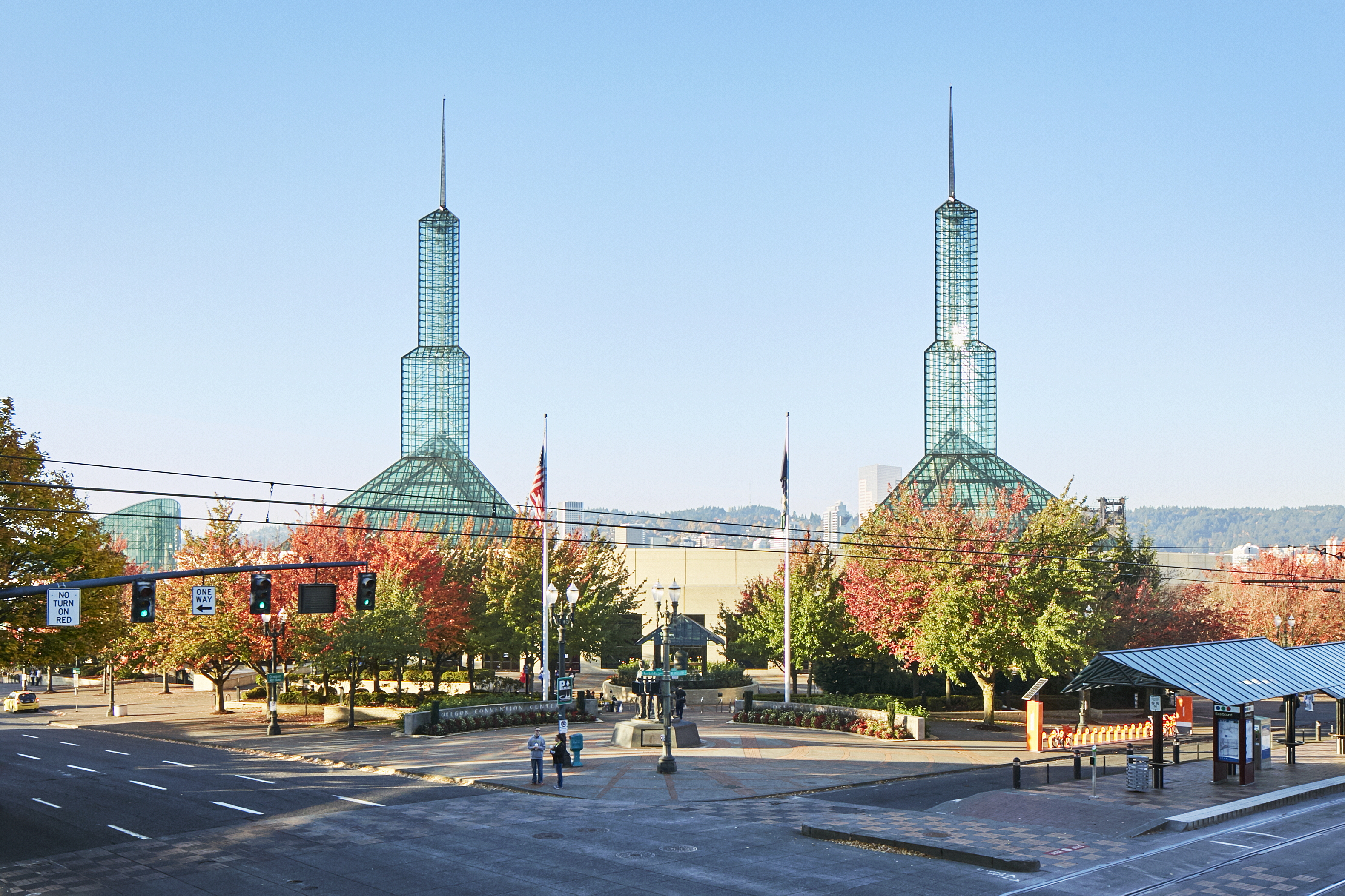 The two glass towers of the Oregon Convention Center in Portland.