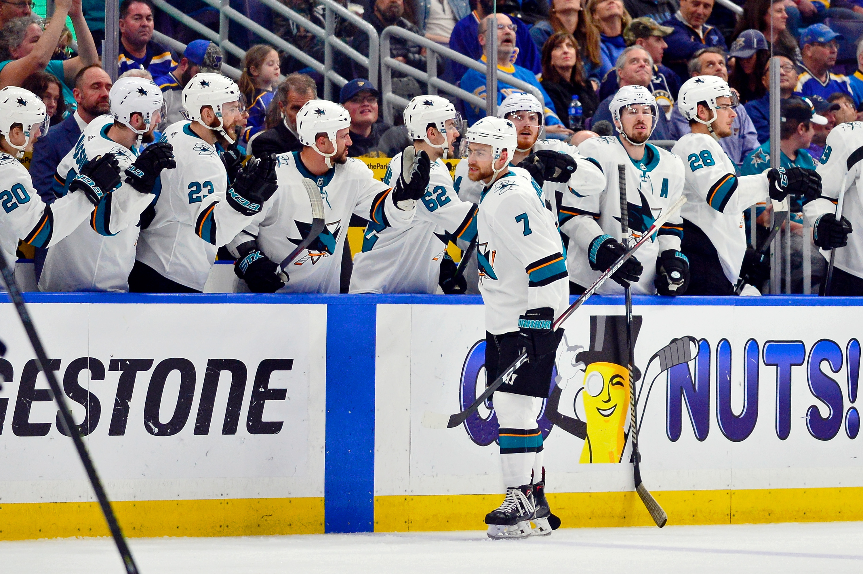 May 21, 2019; San Jose Sharks center Dylan Gambrell is congratulated by teammates after scoring a goal against the St. Louis Blues during the second period during the second period in game six of the Western Conference Final of the 2019 Stanley Cup Playof