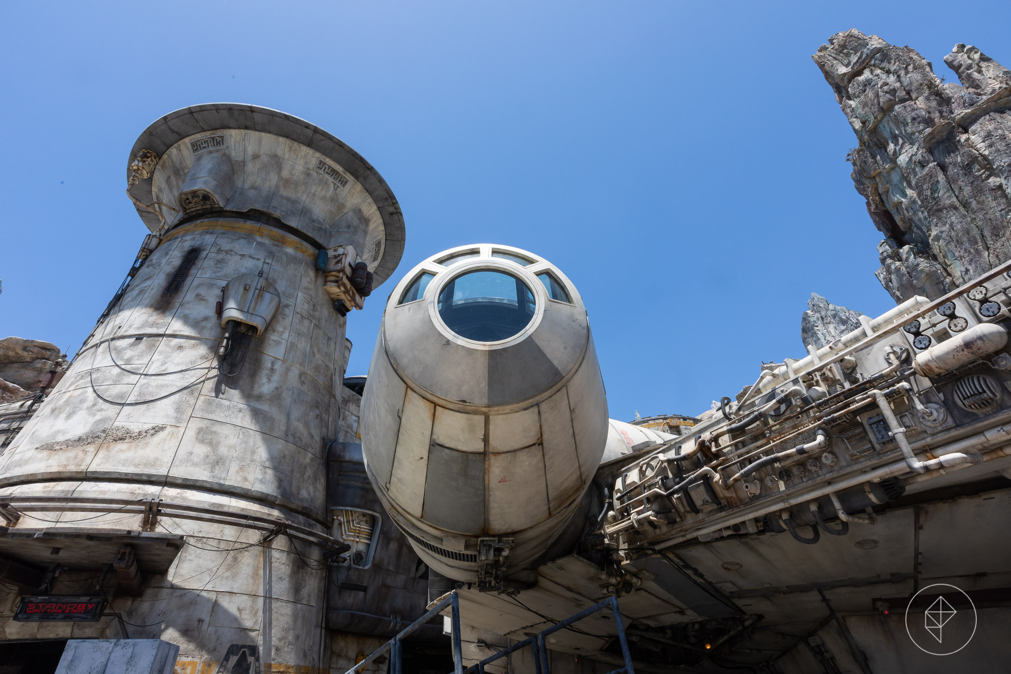 Close up of the full size Millennium Falcon in Galaxy’s Edge, Disneyland 