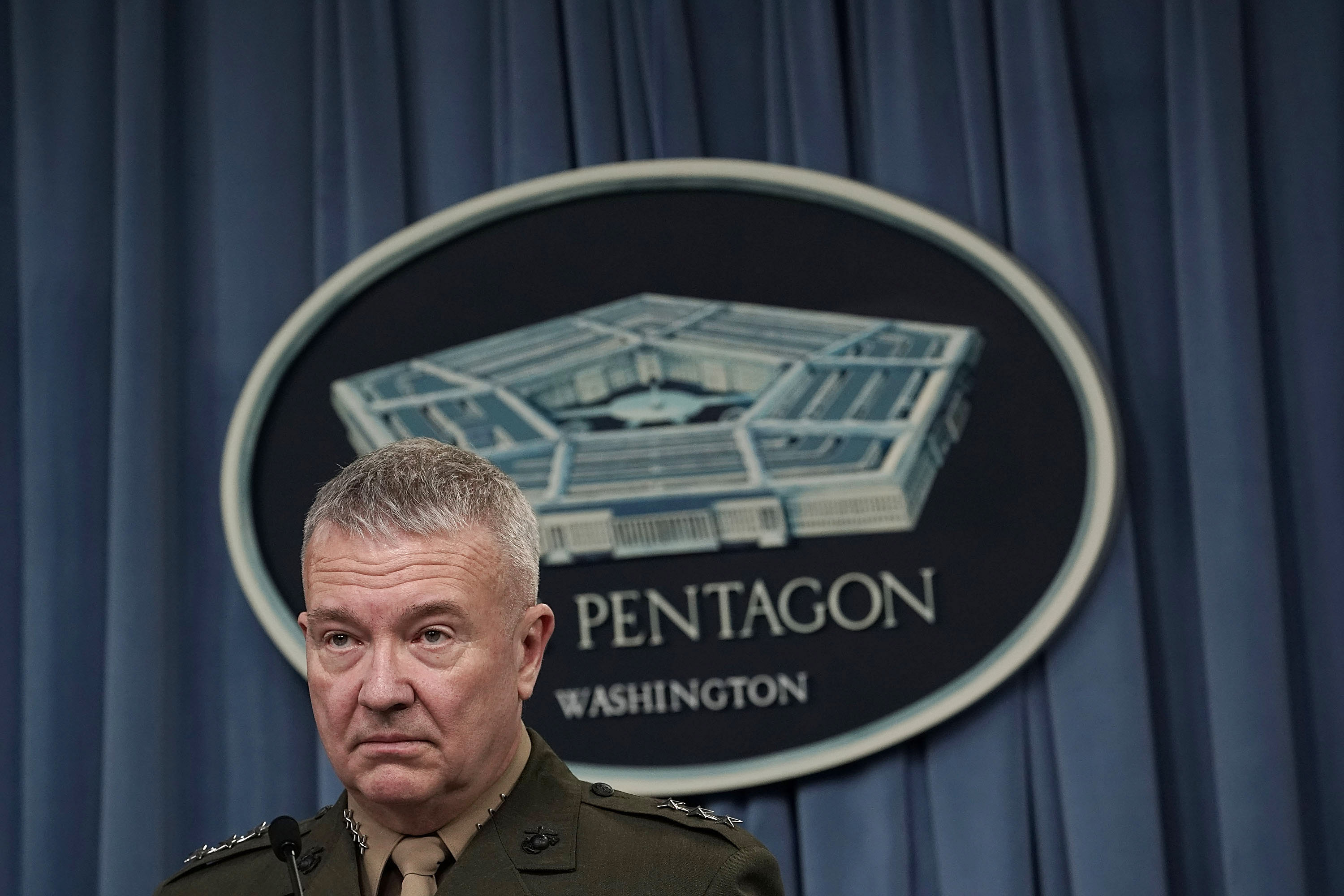 Marine Gen. Kenneth F. McKenzie during a news briefing at the Pentagon April 14, 2018 in Arlington, Virginia. He was a three-star then.