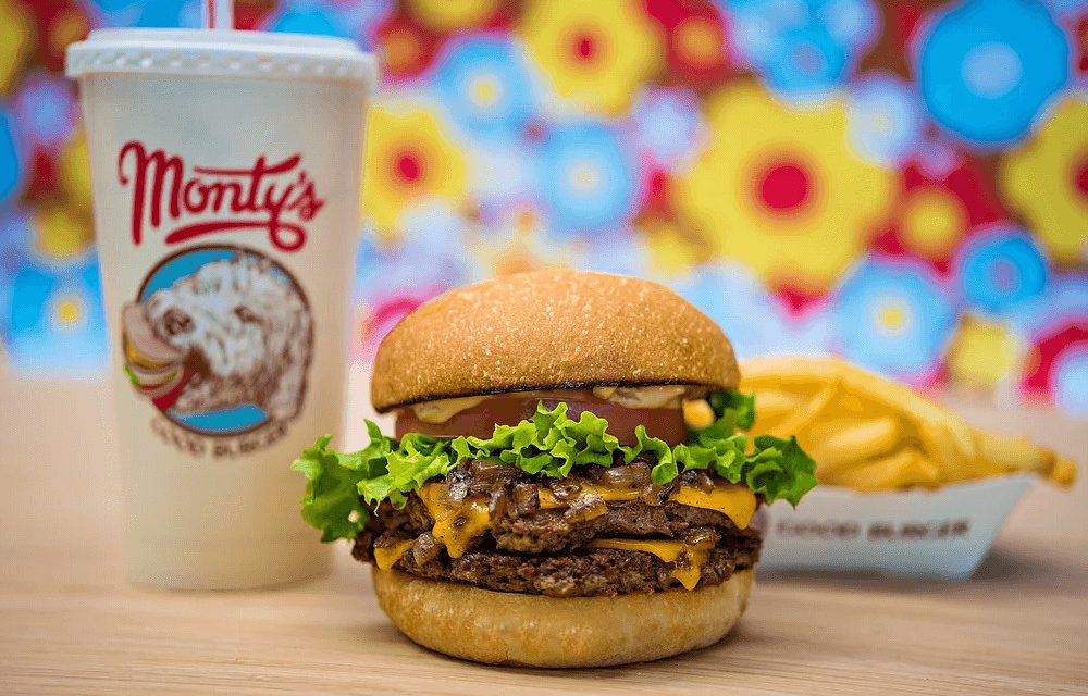 A vegan burger, fries, and soda shown in a promo shot with colorful artistry on the paper.