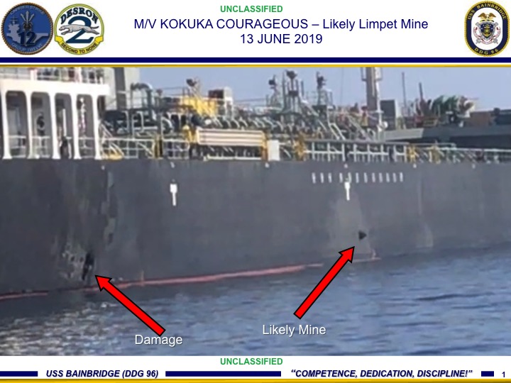 Picture released by the US military showing damage and a supposed mine on Kokuka Courageous, one of the damaged oil tankers, on June 13, 2019.