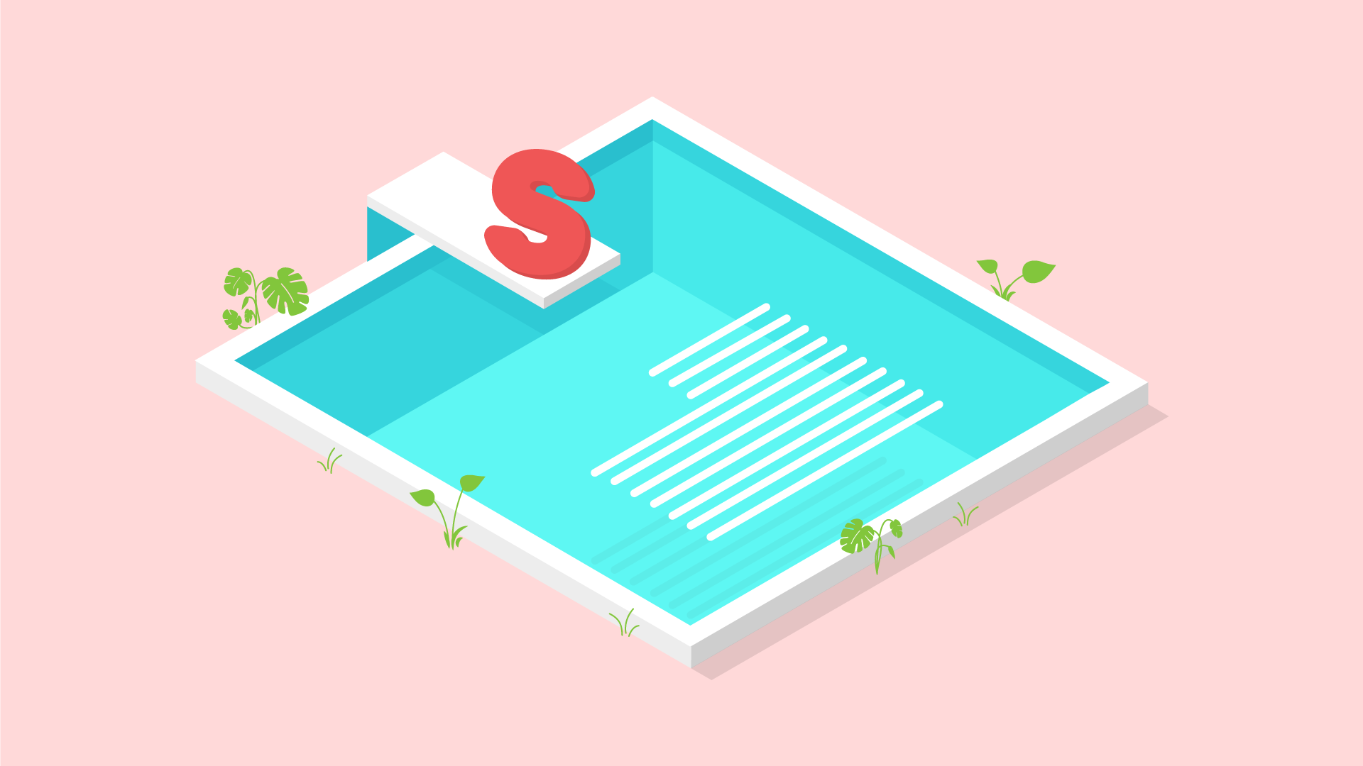 A letter S sits on the springboard of a swimming pool, waiting to join the lines of text that are already in the water