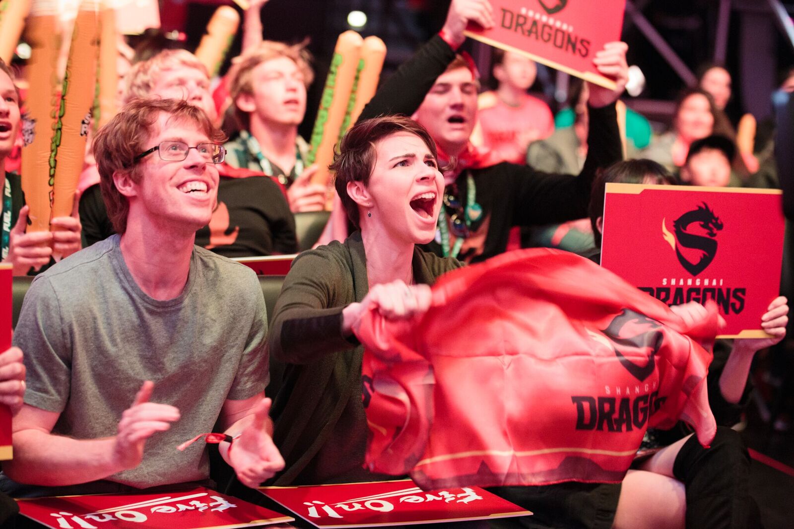 Fans at the Blizzard Arena cheer for the Shanghai Dragons