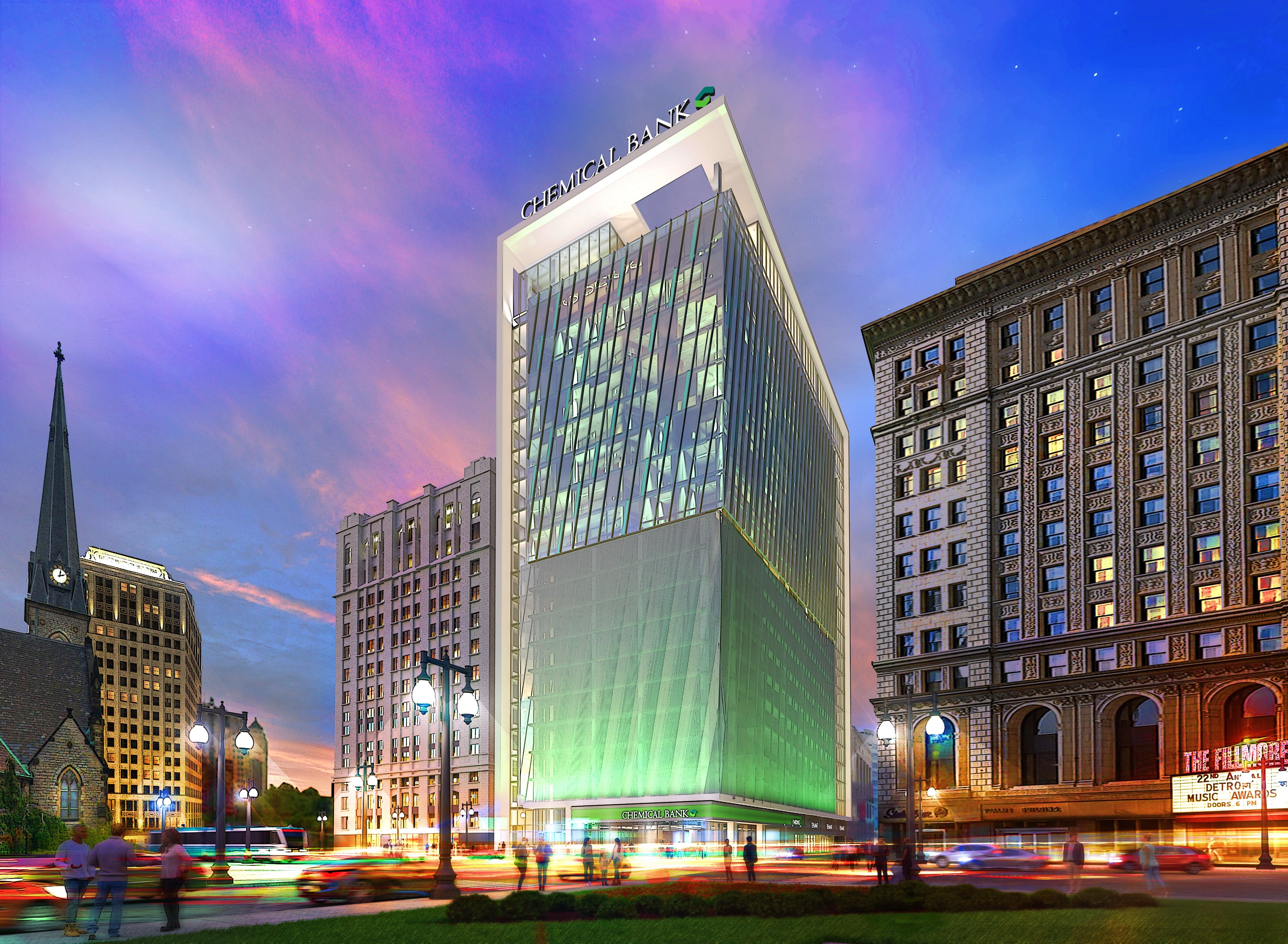 Rendering of a skyscraper with green glass windows and “Chemical Bank” written in block letters