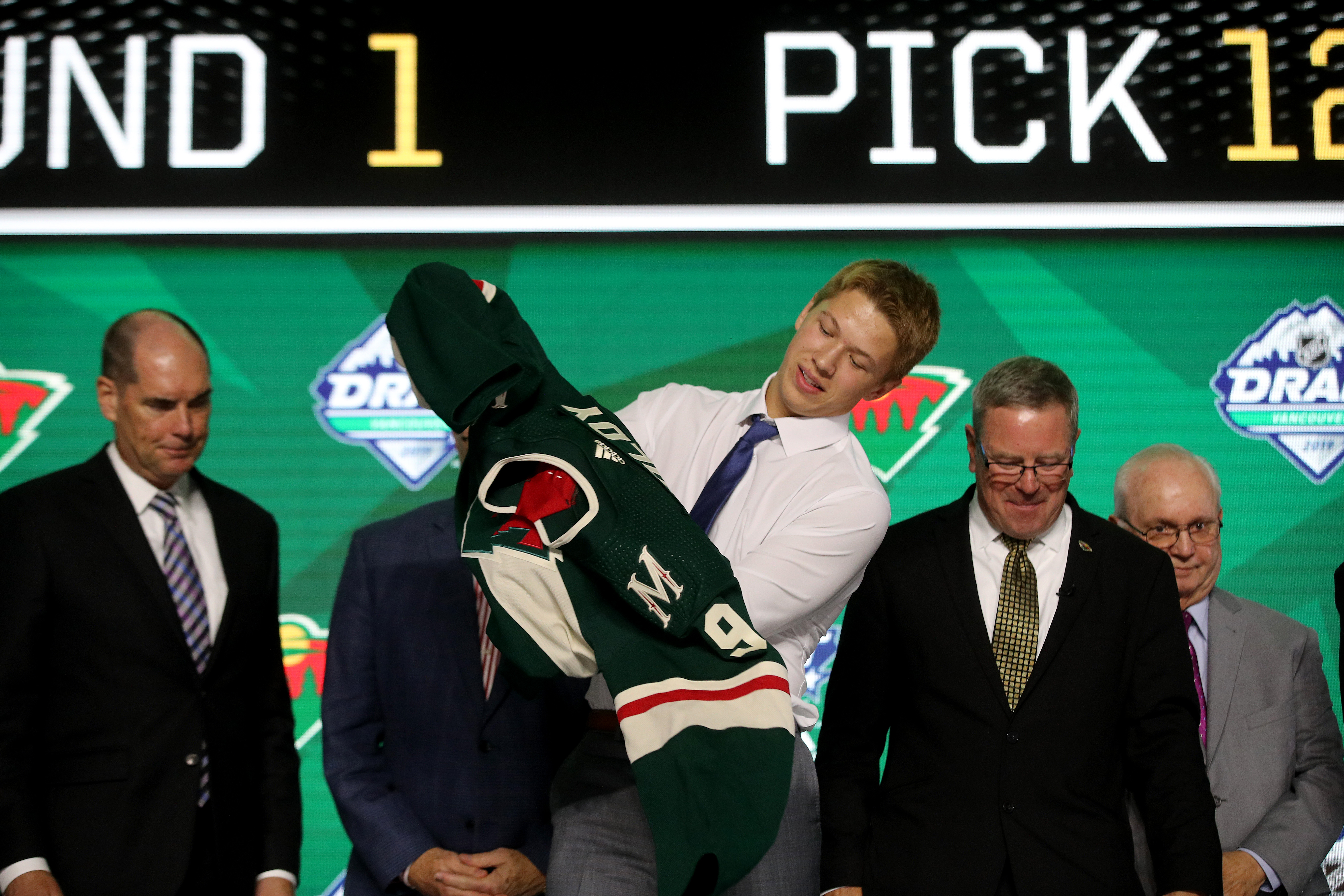 VANCOUVER, BRITISH COLUMBIA - JUNE 21: Matthew Boldy reacts after being selected twelfth overall by the Minnesota Wild during the first round of the 2019 NHL Draft at Rogers Arena on June 21, 2019 in Vancouver, Canada.