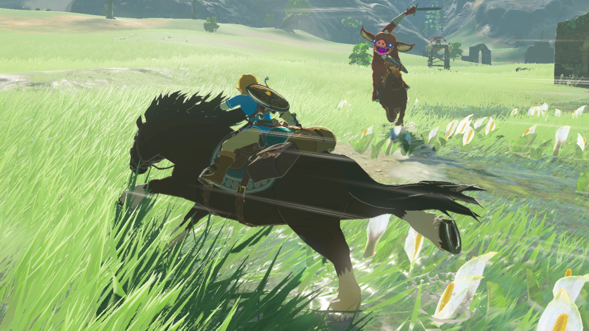 Link riding a horse in The Legend of Zelda: Breath of the Wild, as a Bokoblin approaches brandishing a club.