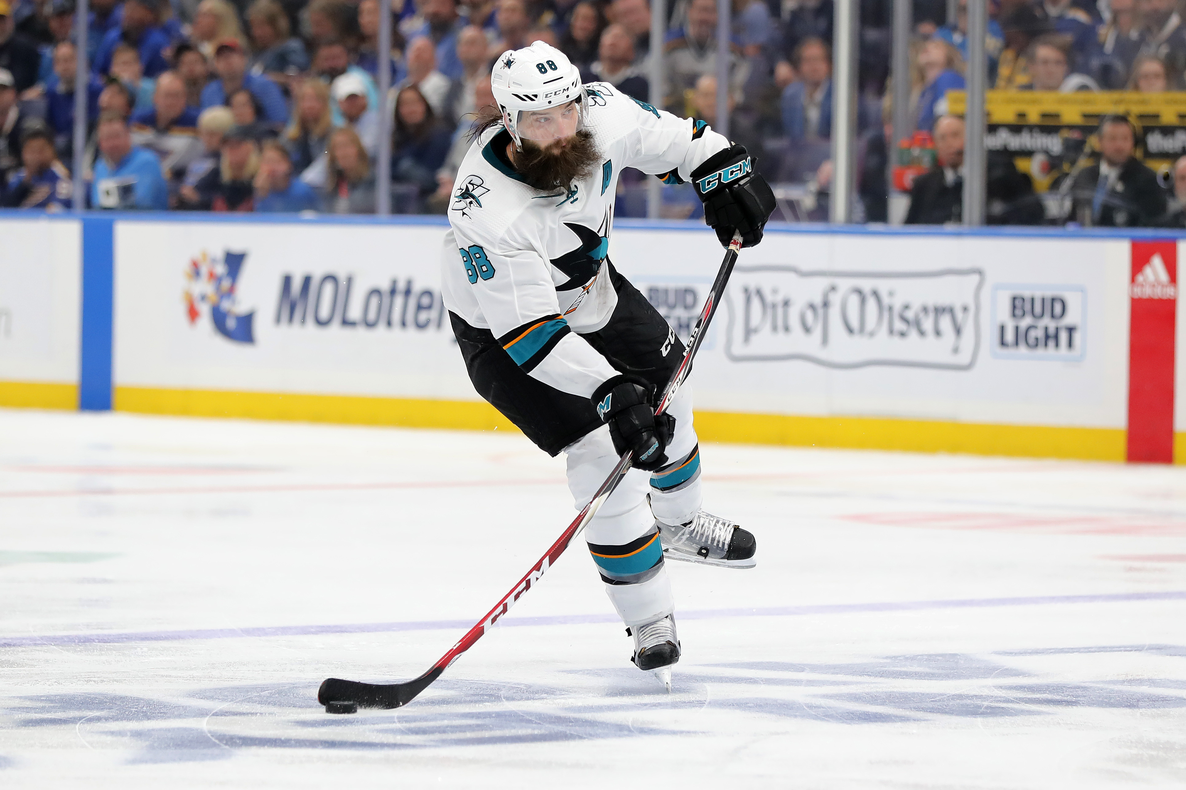 Brent Burns of the San Jose Sharks shoots the puck against the St. Louis Blues during the third period in Game 6 of the Western Conference Finals during the 2019 NHL Stanley Cup Playoffs at Enterprise Center on May 21, 2019 in St Louis, Missouri.