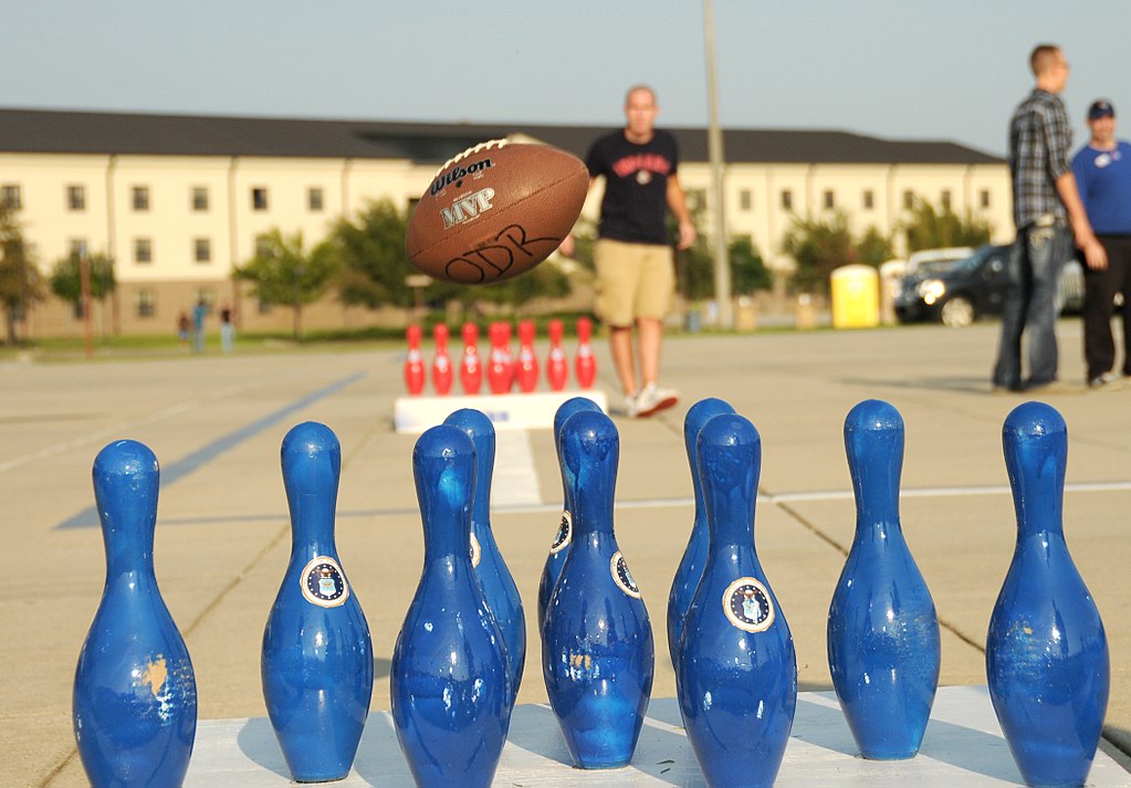 Fowling combines football and bowling and is set up like corn hole