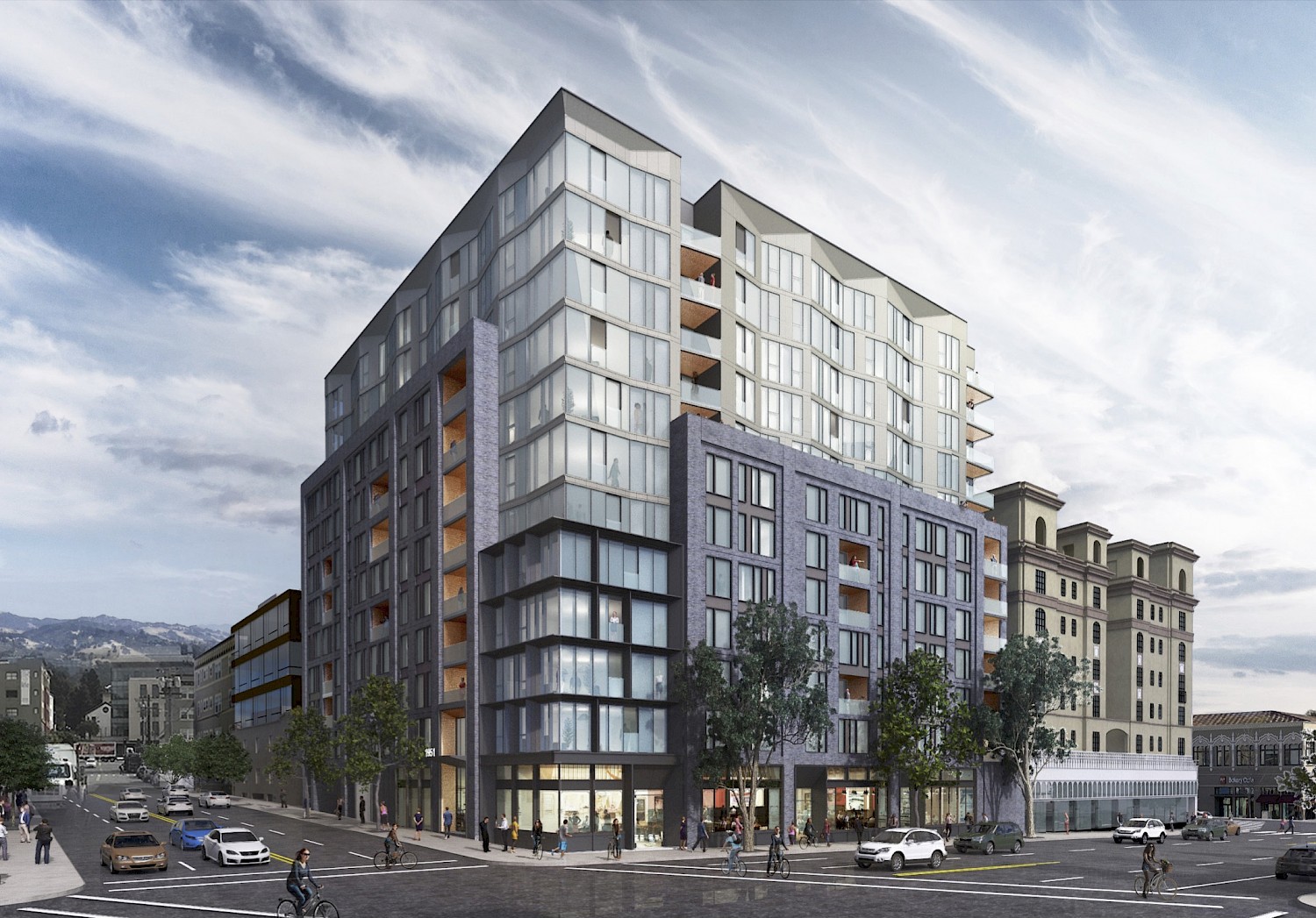 Rendering of contemporary 12-story apartment building in Berkeley.