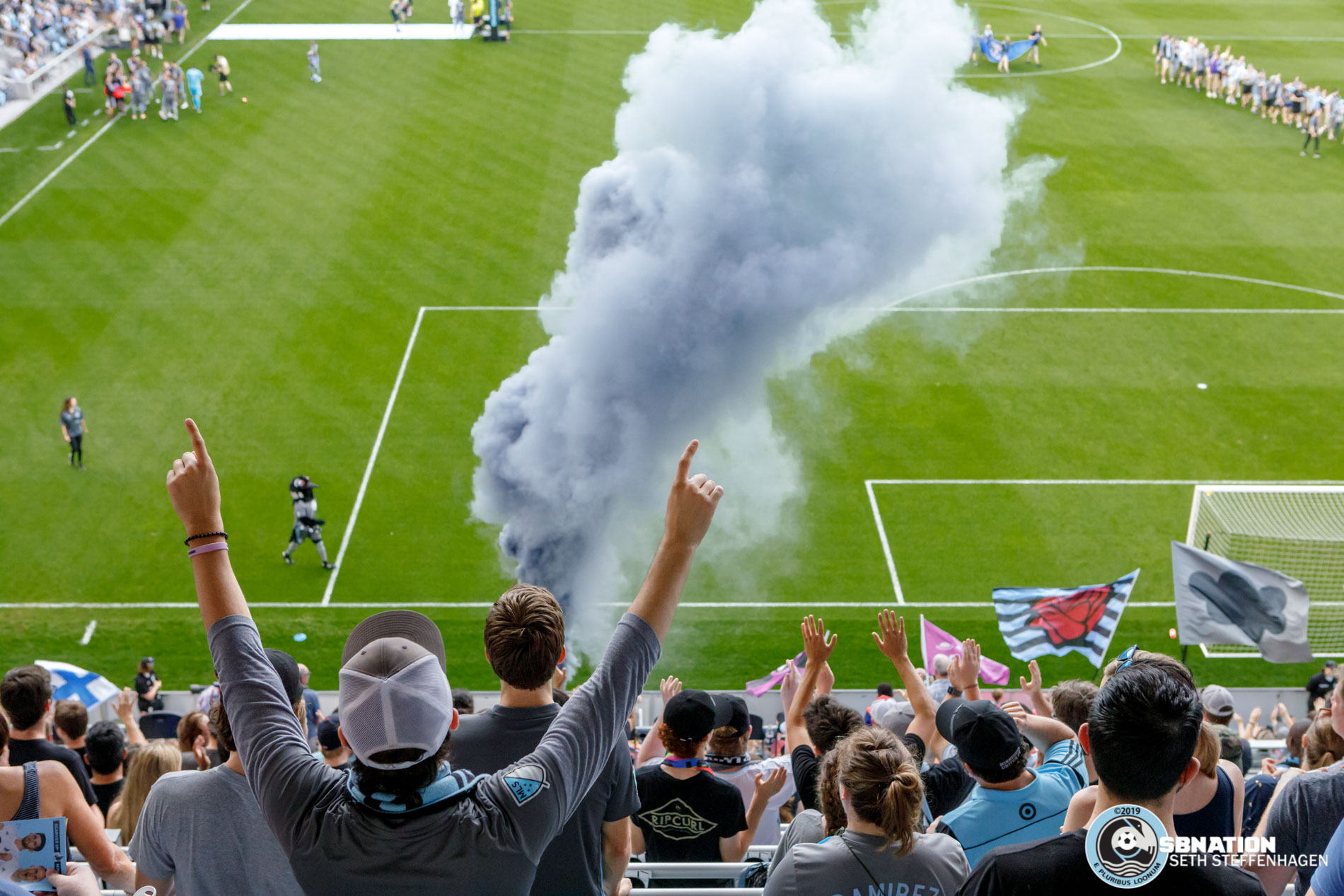 July 3, 2019 - Saint Paul, Minnesota, United States - Smoke billows in the Wonderwall as the start of the gam is about to begin between Minnesota United and San Jose Earthquakes match at Allianz Field. 
