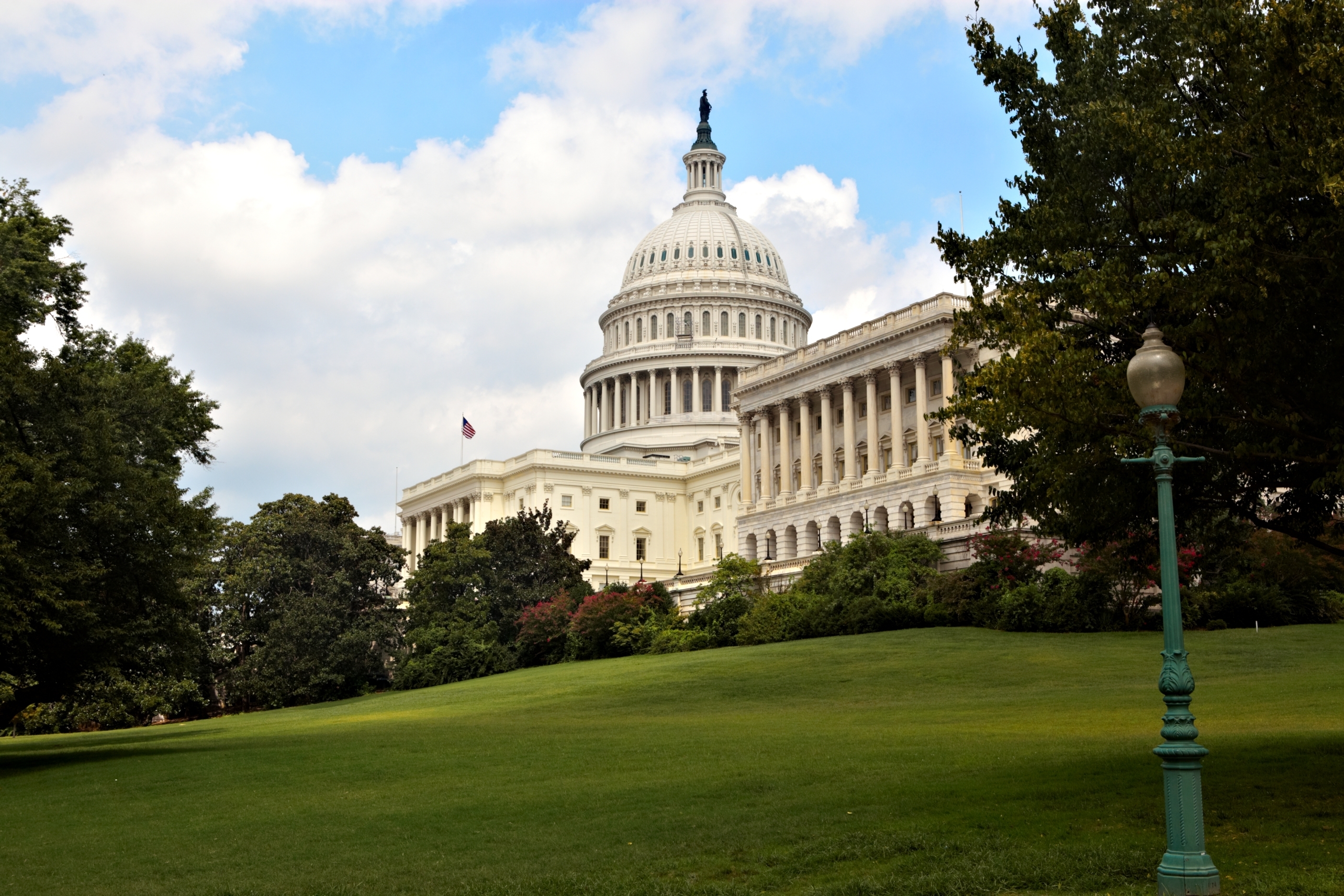 The U.S. Capitol building, a white domed structure featuring columns, against a cloudy blue sky and beyond green grass and trees.