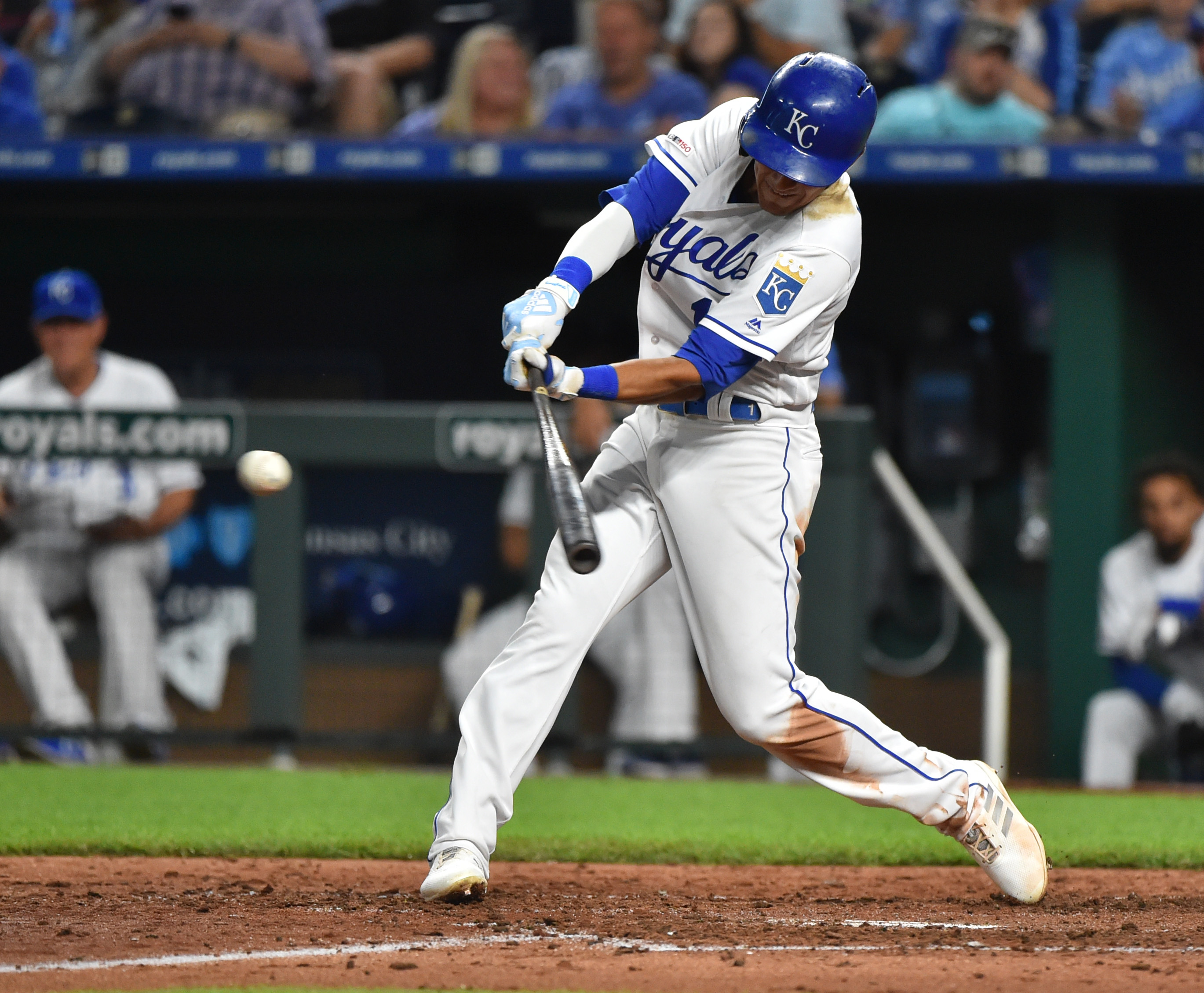 Nicky Lopez #1 of the Kansas City Royals hits a RBI single in the sixth inning against the Chicago White Sox at Kauffman Stadium on July 15, 2019 in Kansas City, Missouri.