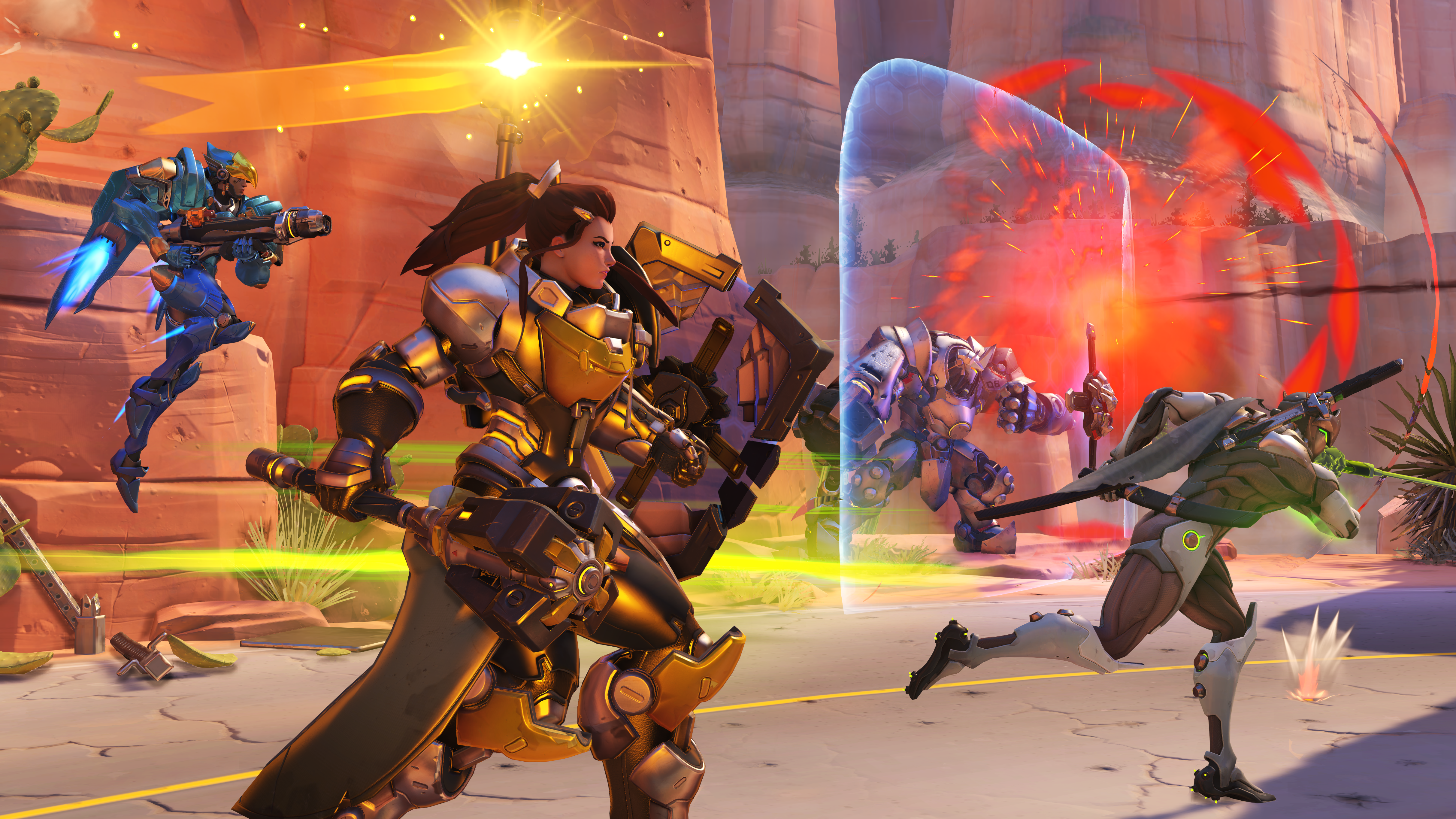 Overwatch - a balanced team of Pharah, Brigitte, Reinhardt, and Genji approaches the payload on Route 66