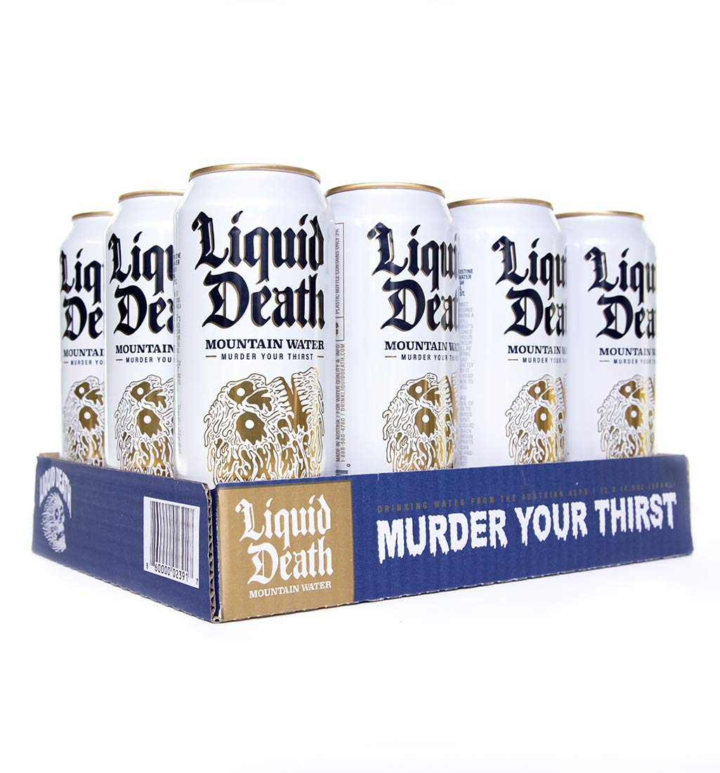 Liquid Death aluminum tallboy cans of water, with heavy metal-looking skull designs on the cans.