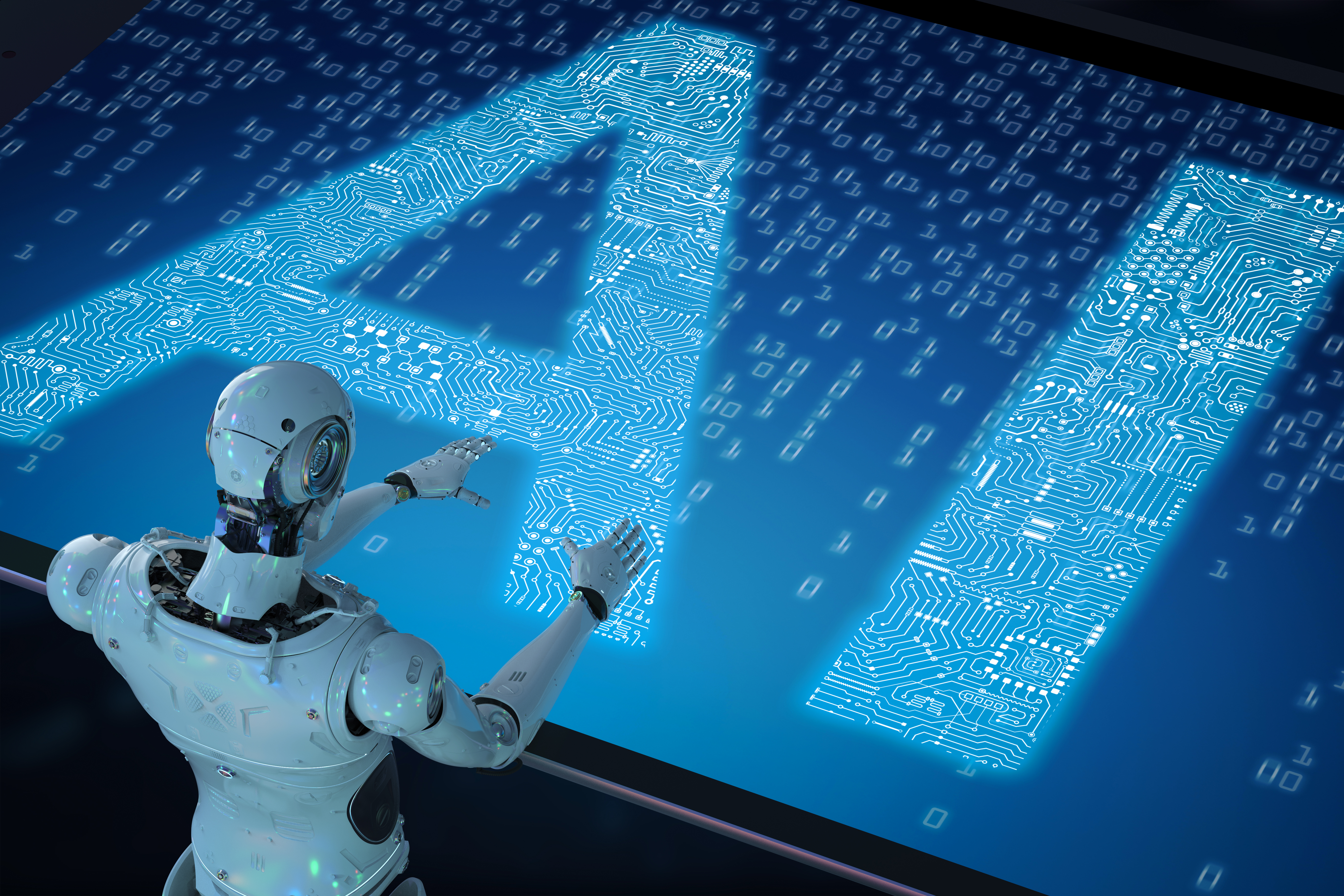 A humanoid robot stands in front of a screen displaying the letters “AI.”