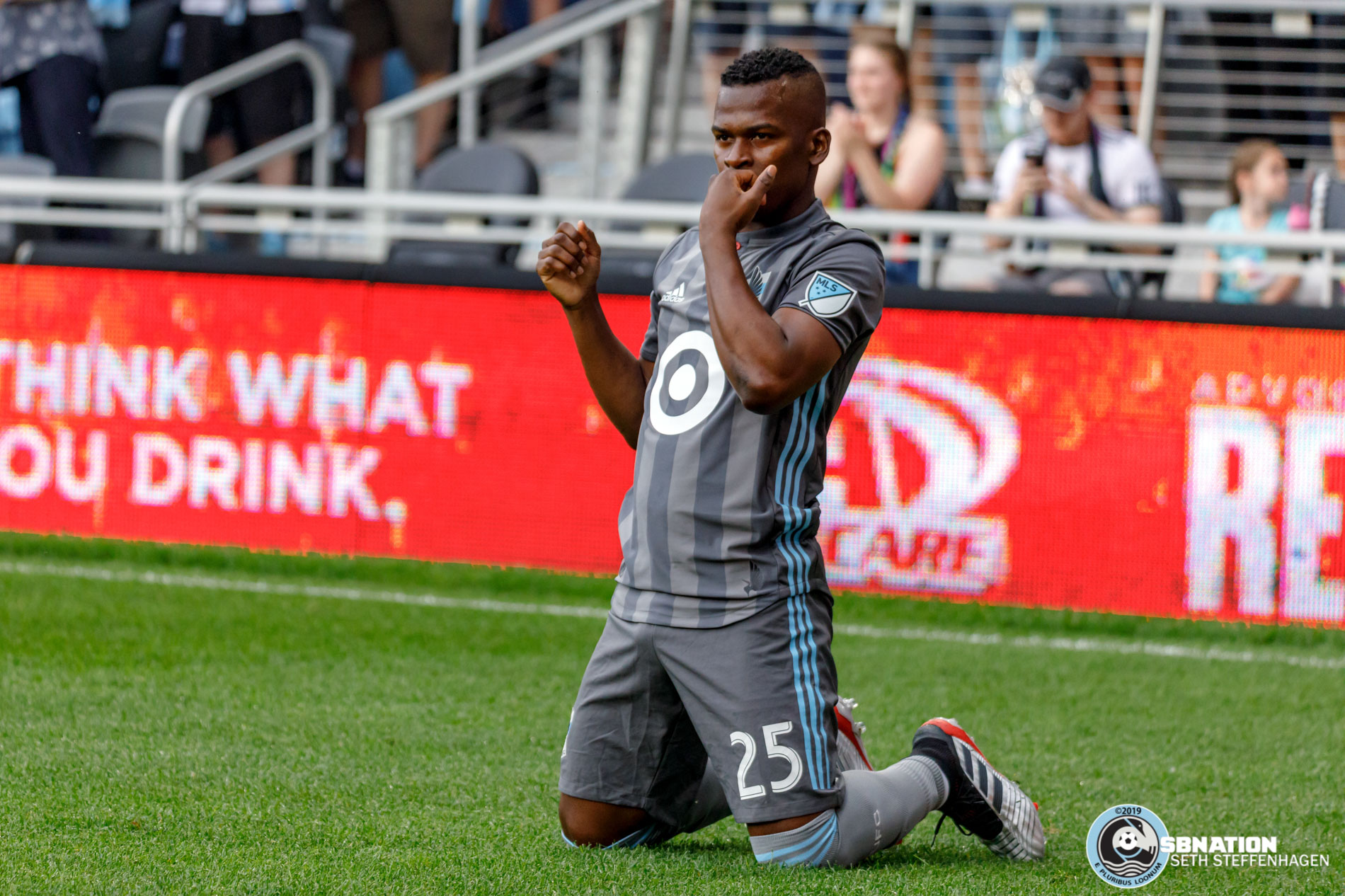 July 3, 2019 - Saint Paul, Minnesota, United States - Minnesota United forward Darwin Quintero (25) celebrates with his team mates after scoring the opening goal against San Jose Earthquakes match at Allianz Field. 
