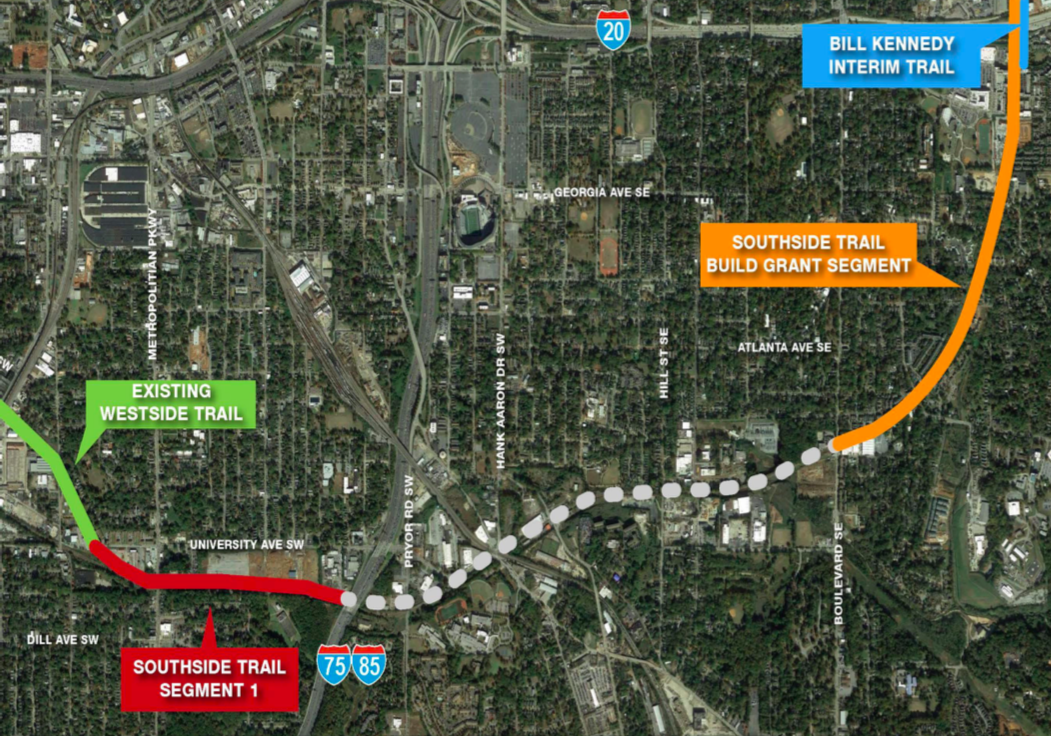 How the Southside Trail’s initial segment would branch off the existing Westside Trail, which ends today in Adair Park.