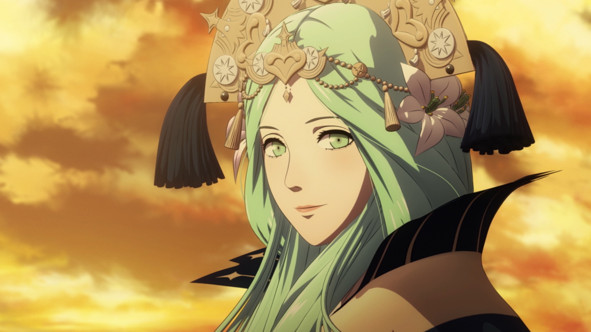 a green-haired regal looking woman smiles mysteriously in Fire Emblem: Three Houses
