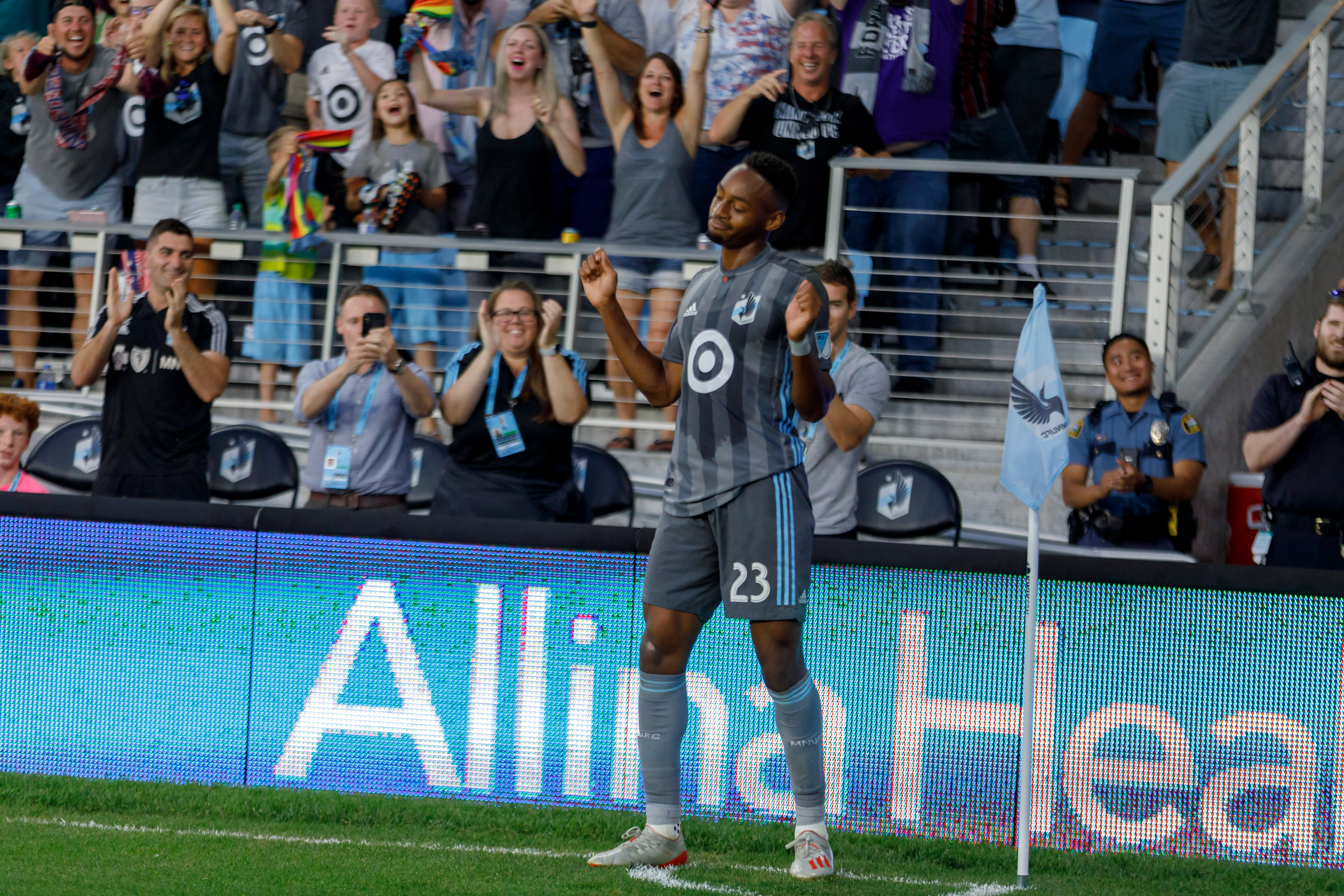 July 13, 2019 - Saint Paul, Minnesota, United States - Minnesota United forward Mason Toye (23) celebrates with his team mates after scoring a goal in the 90'+1' of the match FC Dallas match at Allianz Field. 