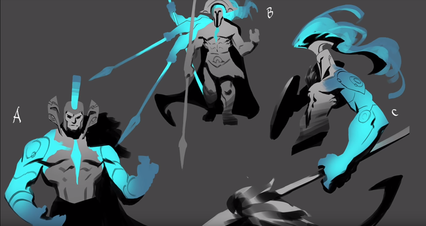 Three concept sketches of Pantheon’s rework, each with a blue glow on them