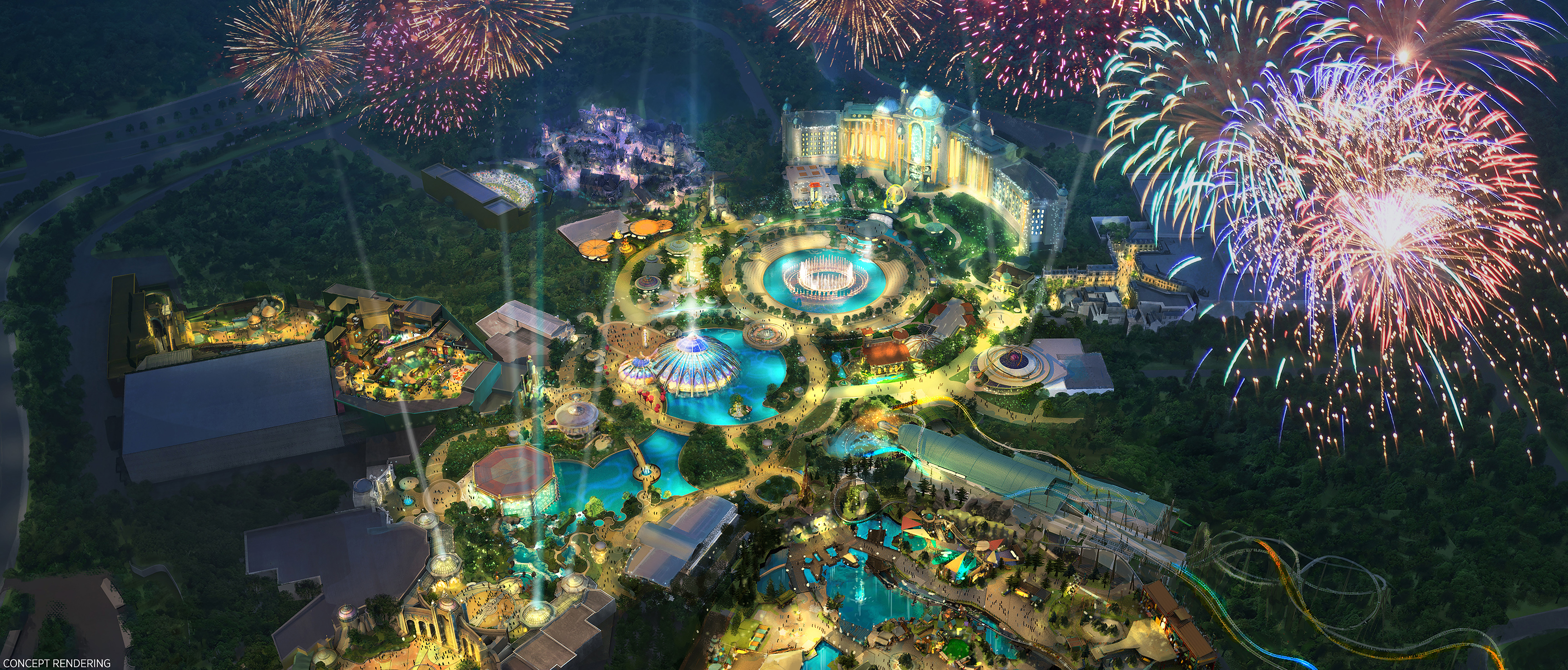 concept art for universal orlando resort’s epic universe theme park, featuring five lands, a hotel, a strip of shops and a new roller coaster
