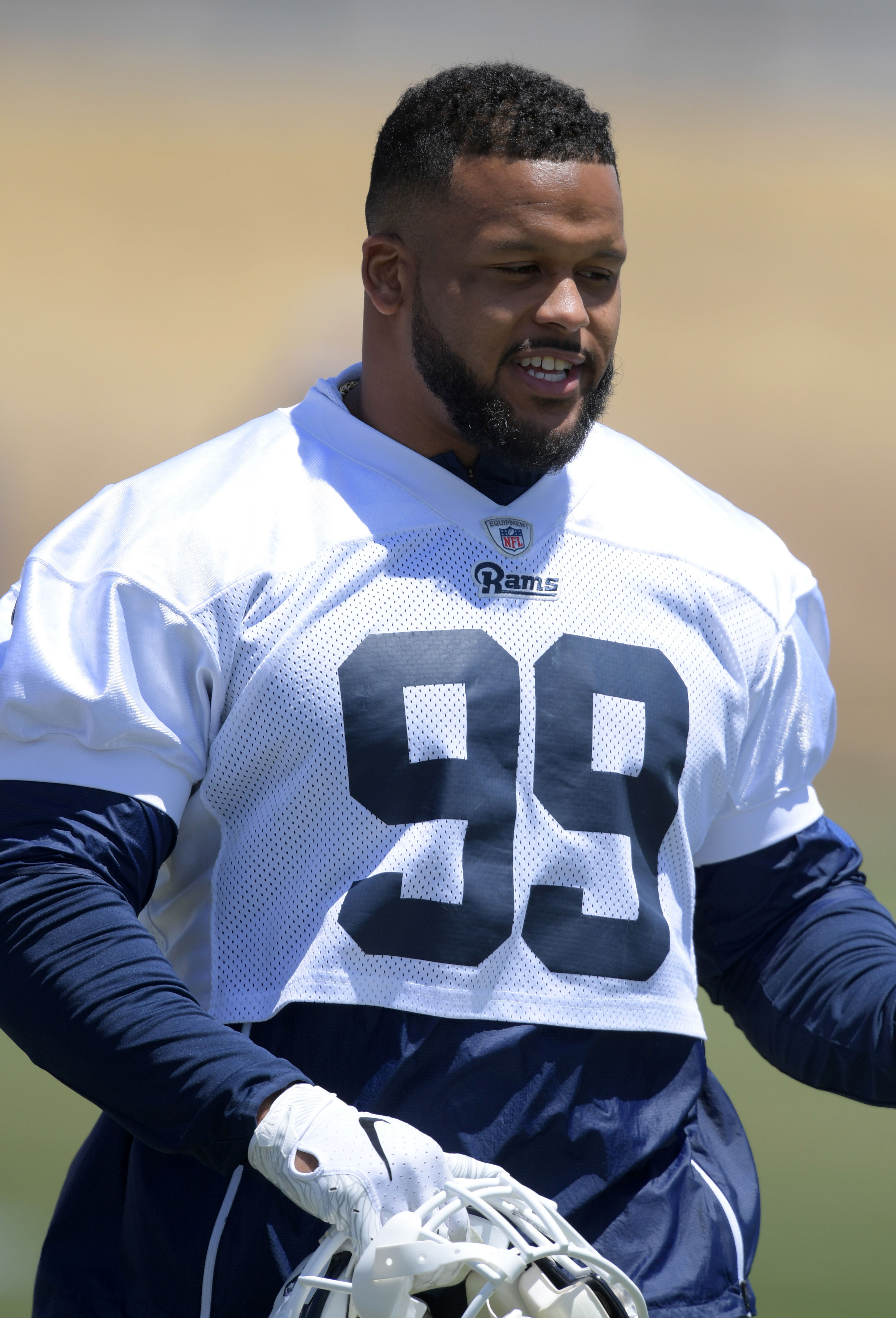 Los Angeles Rams defensive end Aaron Donald during organized team activities at Cal Lutheran University, May 20, 2019.