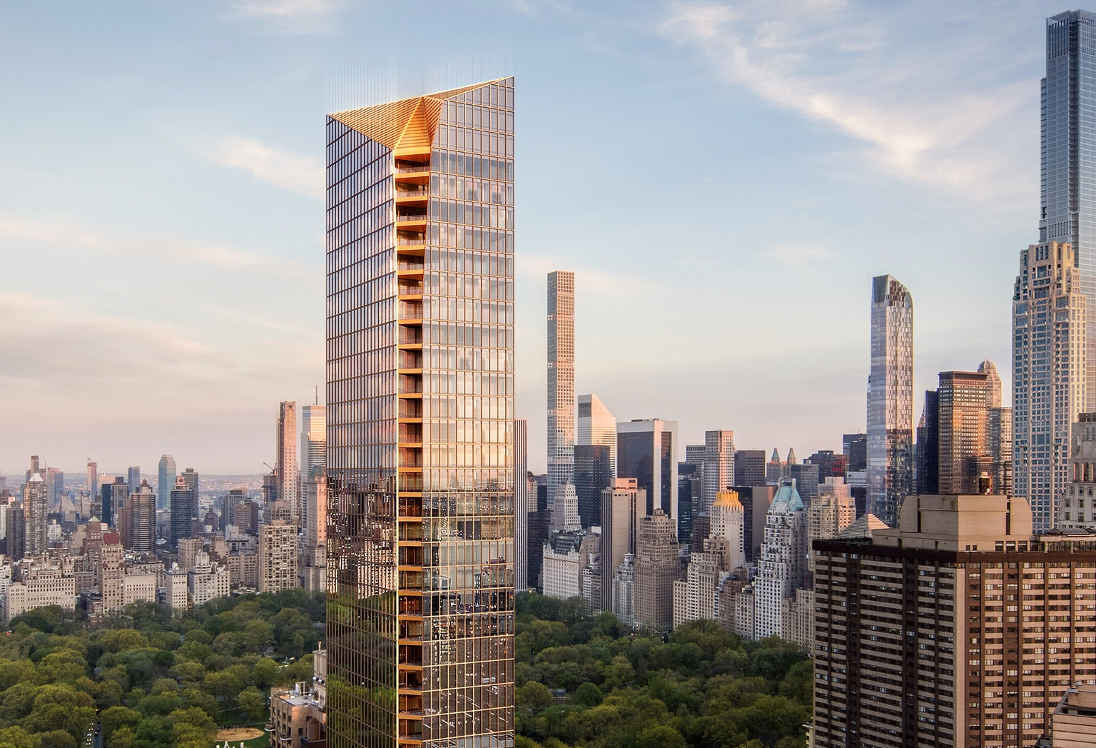 A rendering of a skinny glass tower on the Upper West Side with Central Park and the Upper East Side in the background.