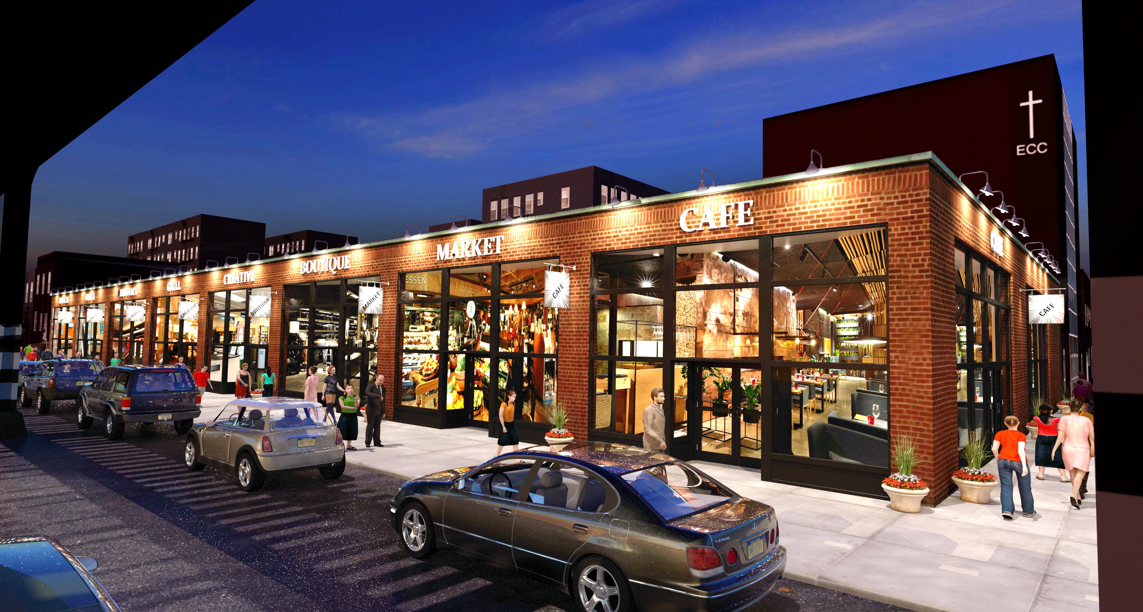 A rendering of the World Artisan Market showing the outdoor brick facade of a market, boutique, and cafe.