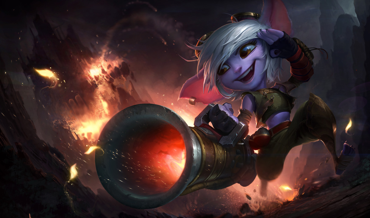 Tristana runs from an explosion, probably caused by her, in her base splash art