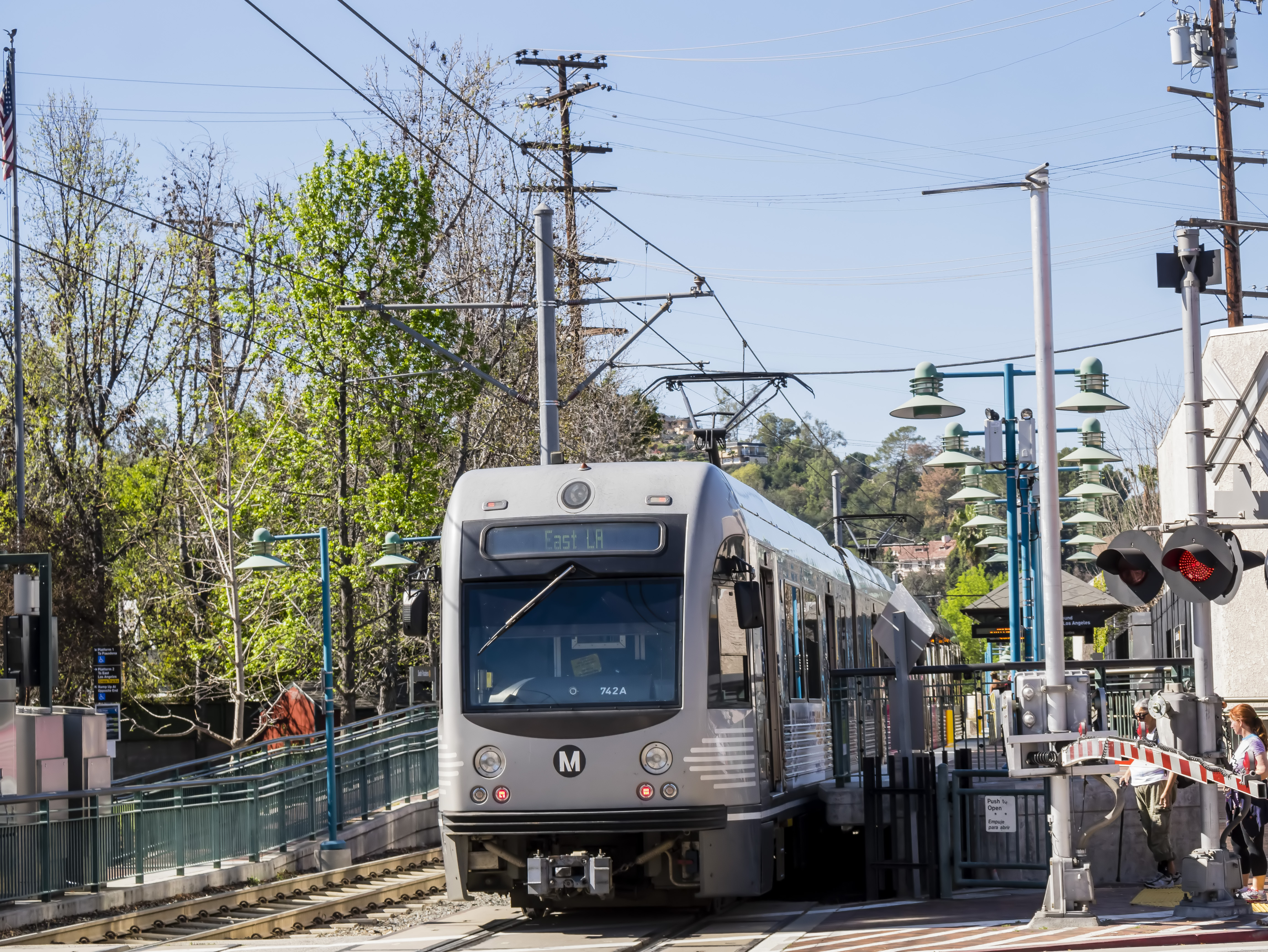 A Gold Line train stopped at a station in South Pasadena.