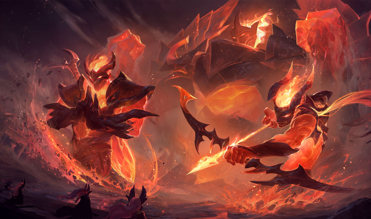 Infernal Galio, Shen, and Varus stand together, like spooky fire elementals.