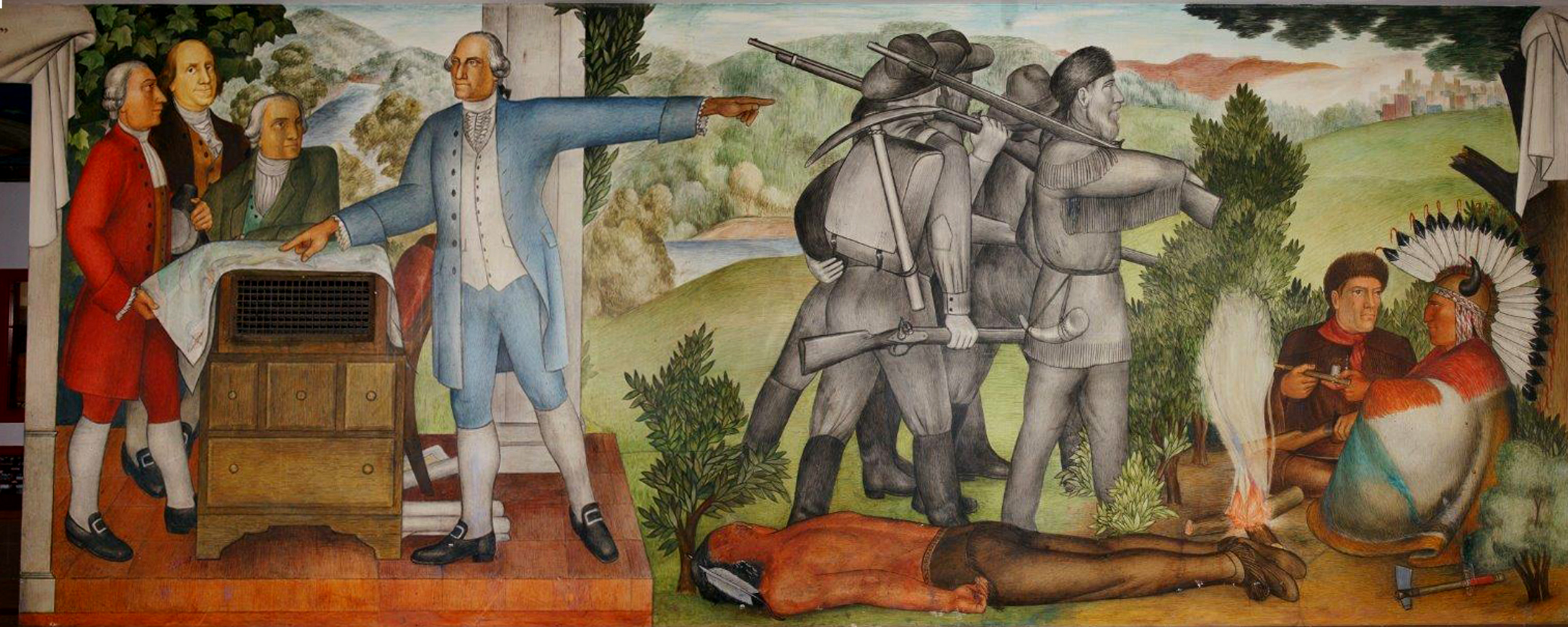 A painting of George Washington depicting gray-toned figures of soldiers who are marching into the wilderness with guns over their shoulder, stepping over the body of a dead Native American man.