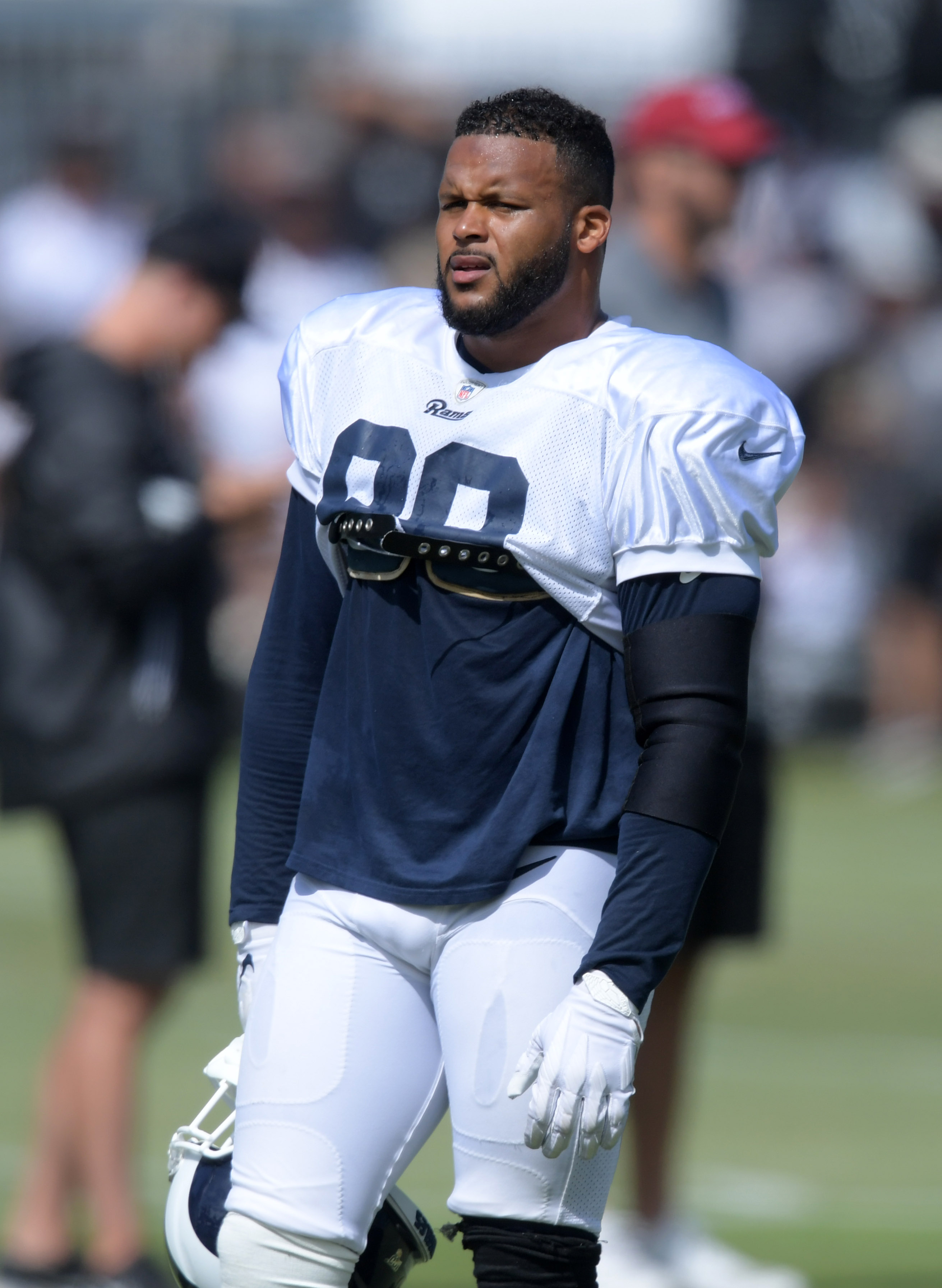 Los Angeles Rams DL Aaron Donald during a training camp joint practice against the Oakland Raiders, Aug. 7, 2019.