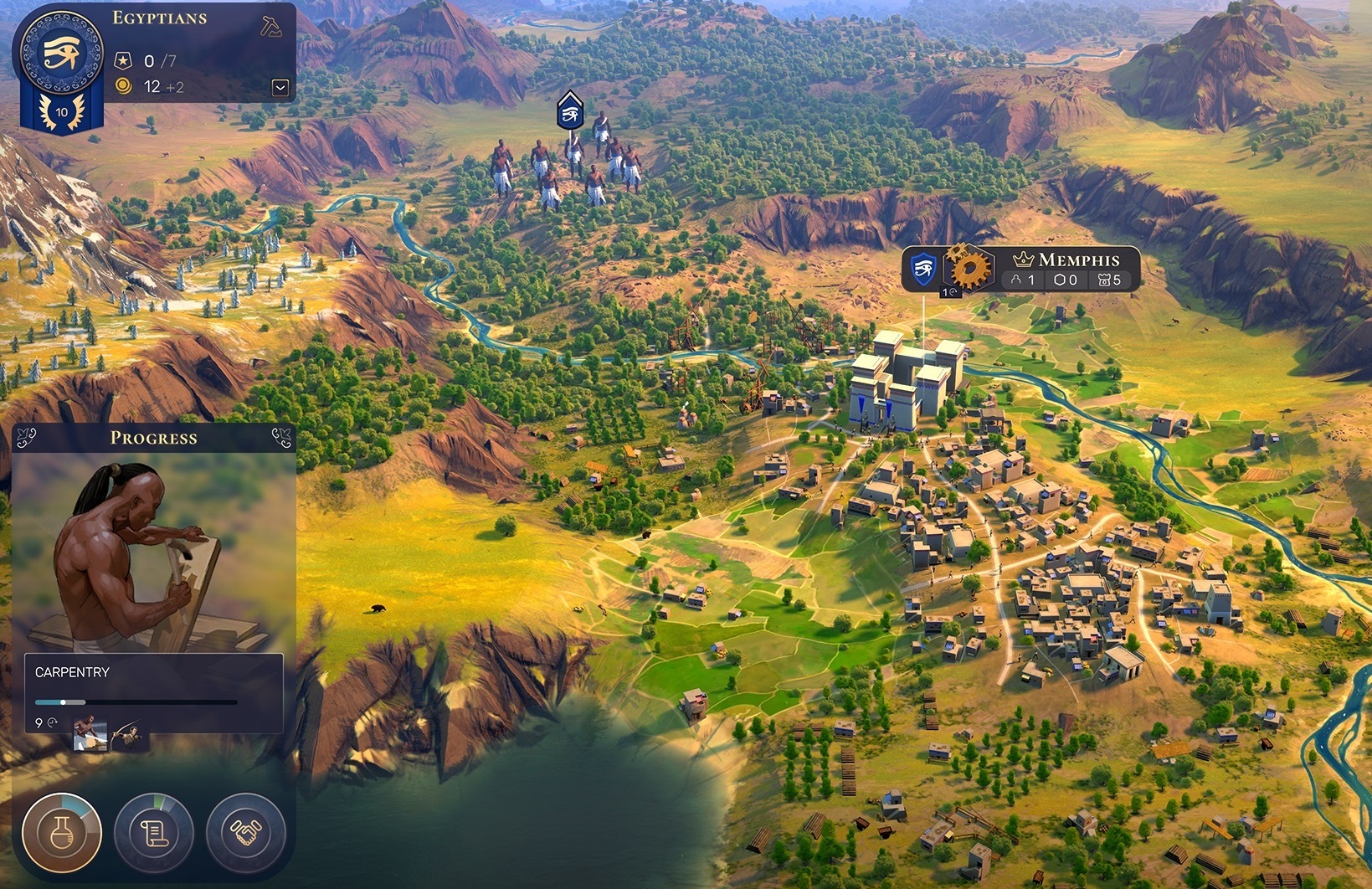 An arial shot of a settlement in the game Humankind.