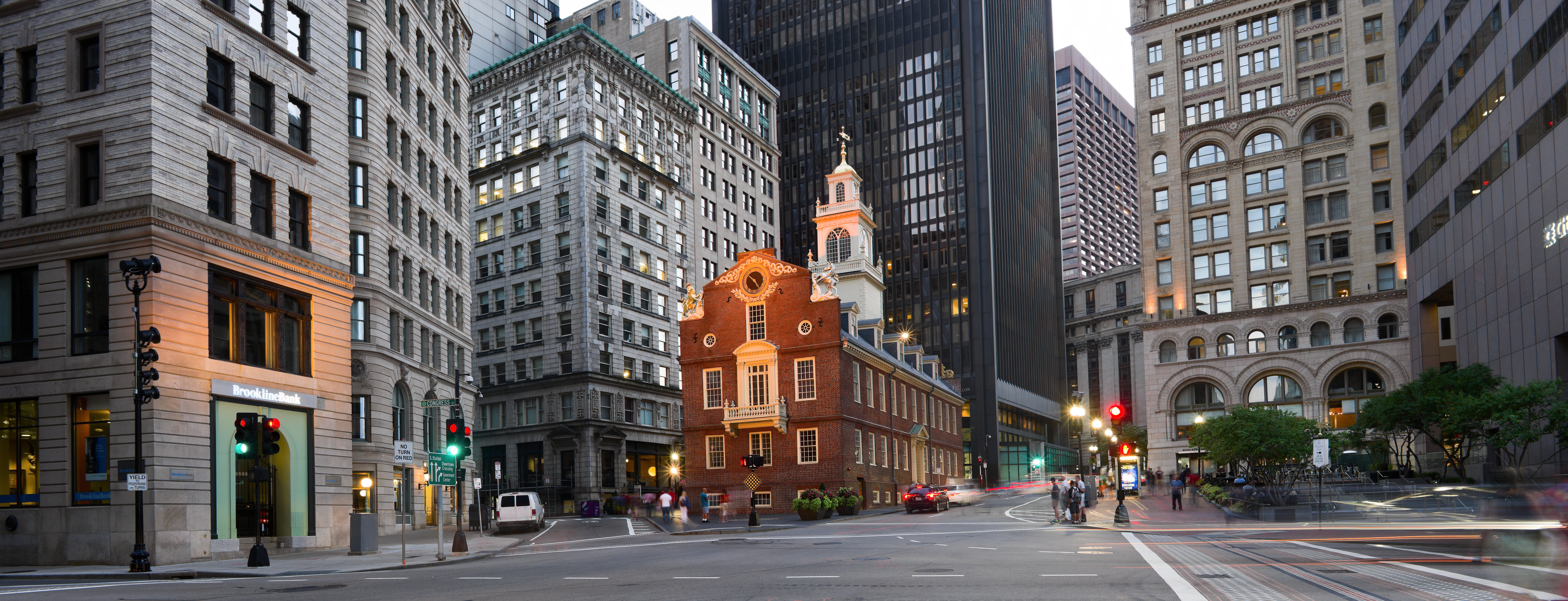 A panorama of some of downtown Boston, with the Old State House in the middle.