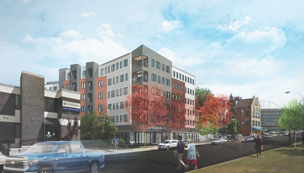 A rendering of a six-story condo building planned for Brighton.