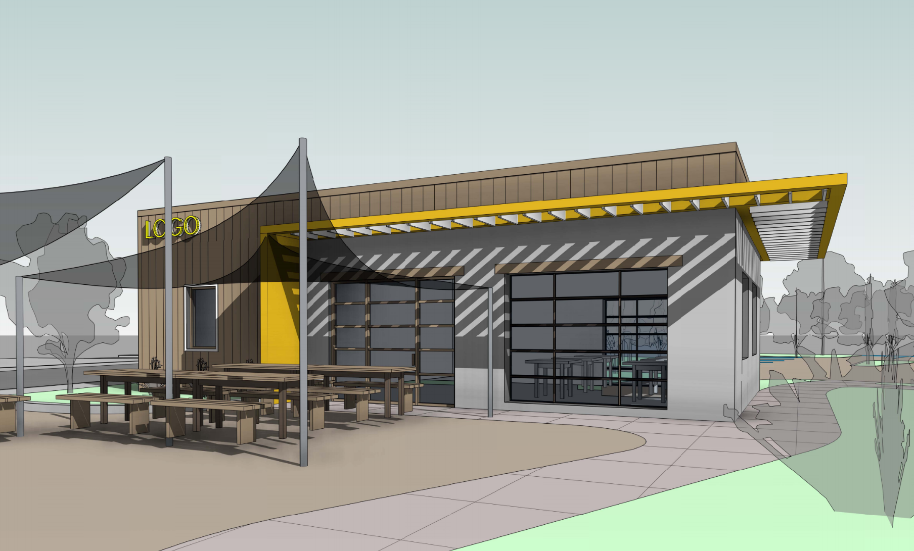 A rendering of a stout, modern-looking building with glass garage doors and a slatted yellow awning. In front of the restaurant are black sun shades above seating.