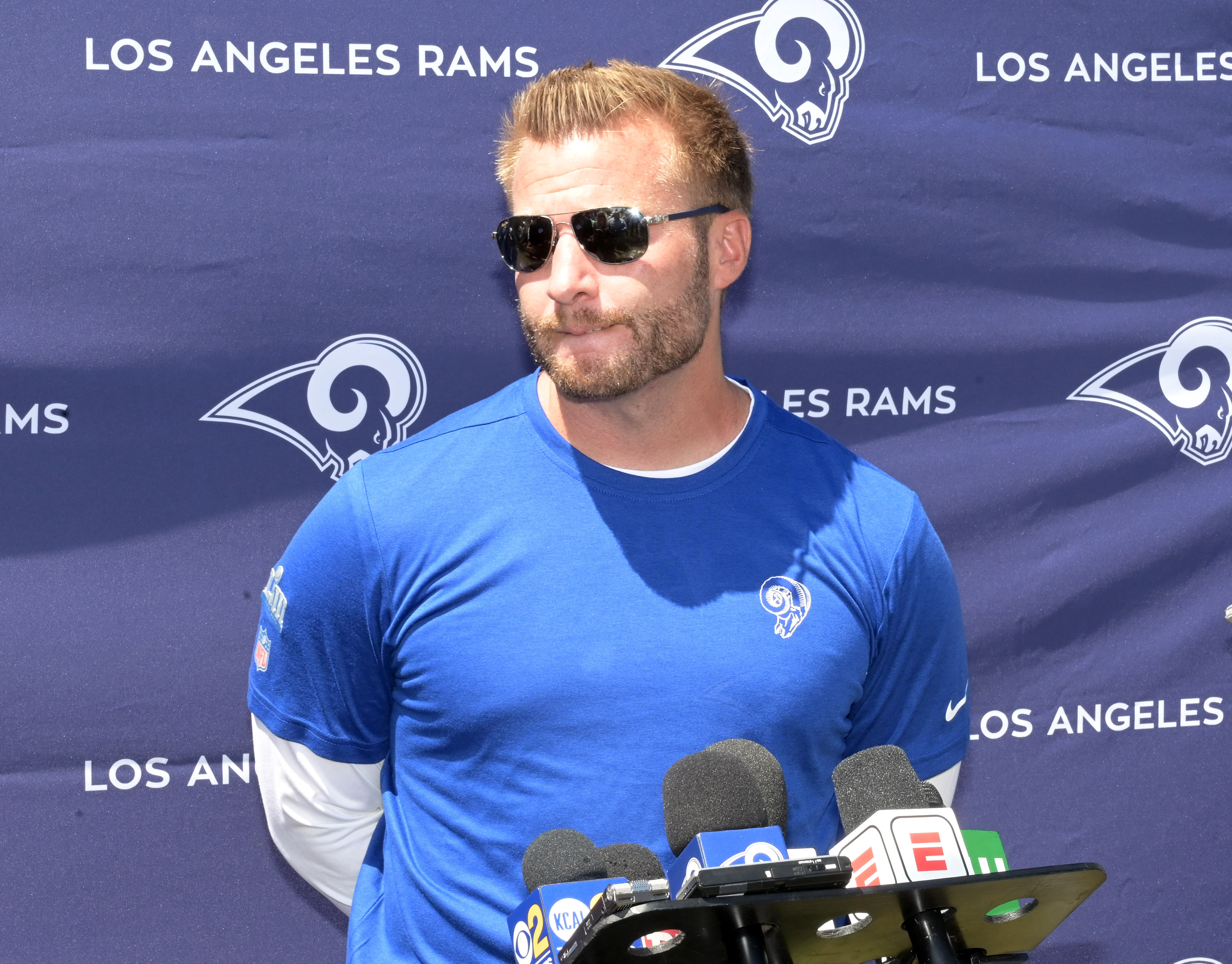 Los Angeles Rams head coach Sean McVay addresses the media at a press conference during a training camp joint practice against the Oakland Raiders, Aug. 7, 2019.