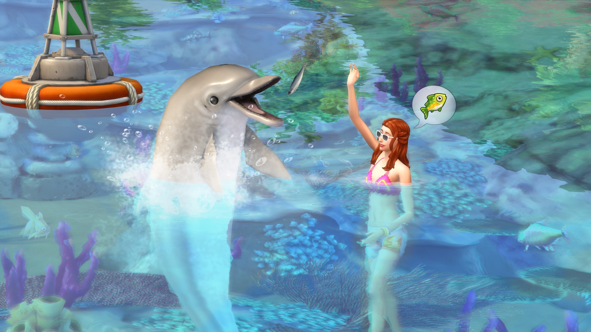 A woman talks to a dolphin in the Sims 4.