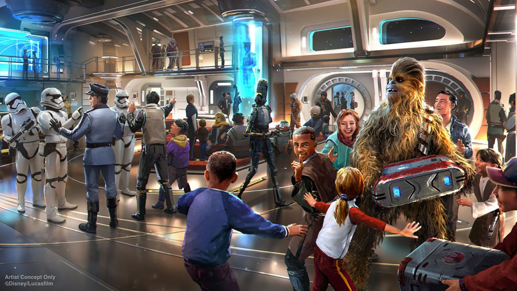 star wars hotel in orlando concept art featuring guests and a wookiee