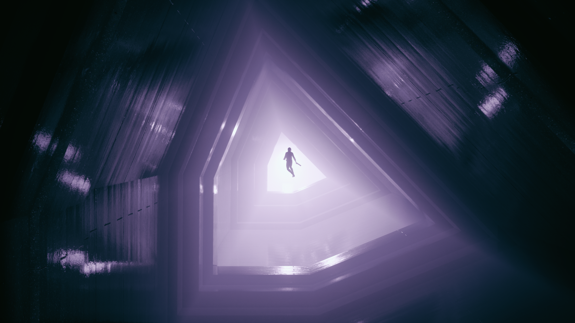 a woman floats down a purple hallway that’s shaped like a pentagon in Control