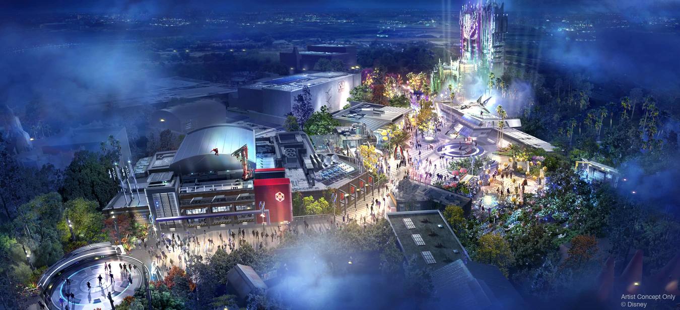 An artistic rendering of the new Marvel land at Disney California Adventures imagines vehicles, superheroes, and high-tech sites converging around the Guardians of the Galaxy tower attraction.