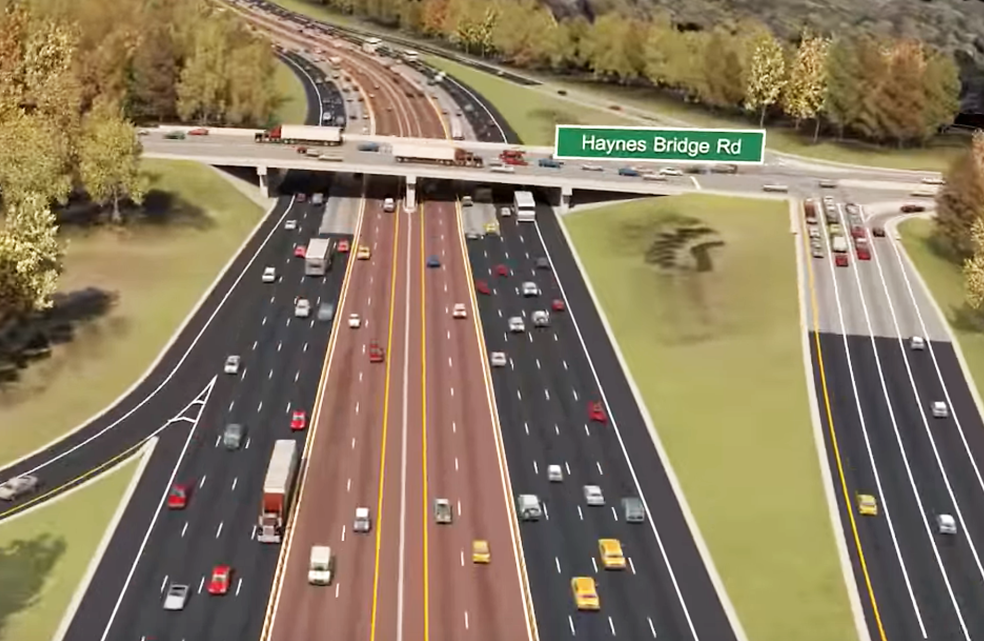 A rendering of the interstate, with four public lanes in each direction and two express lanes in each direction.