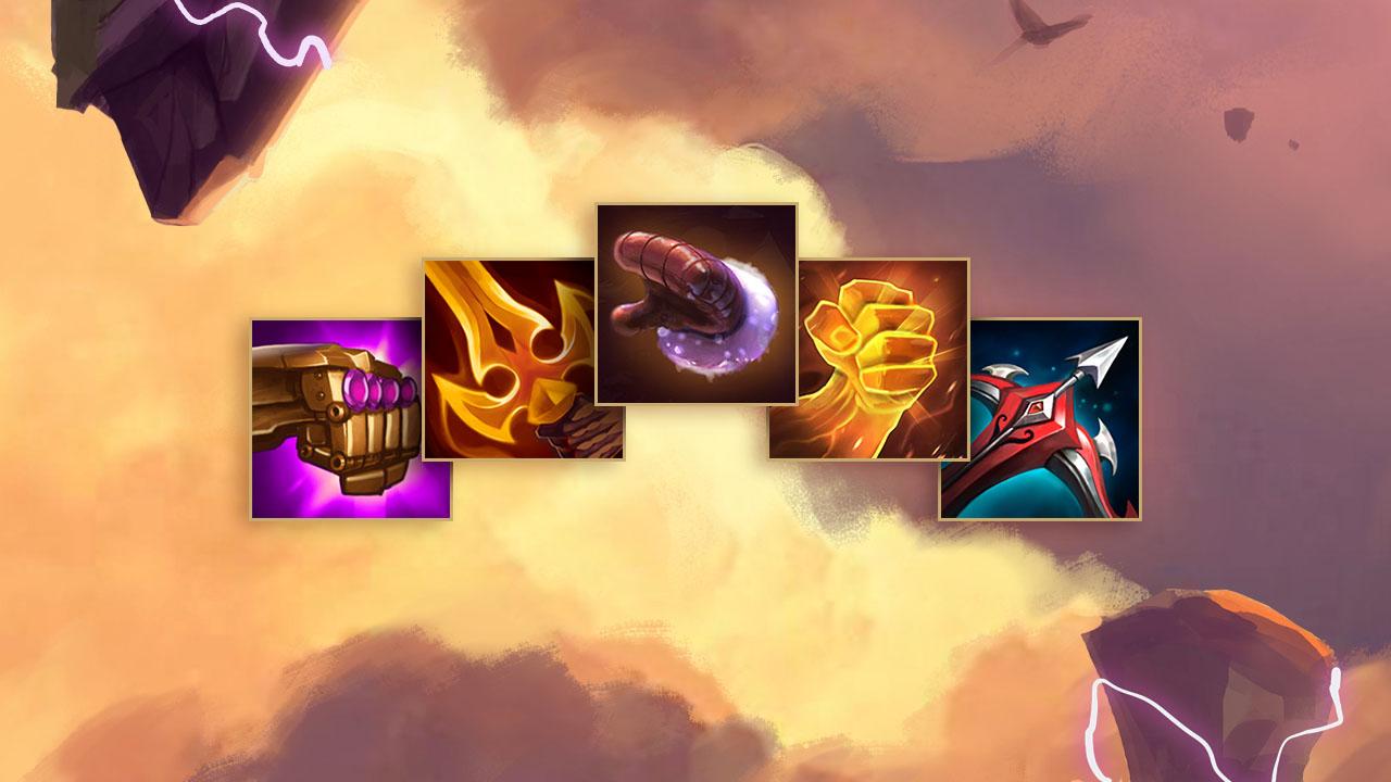 Five items sit among the cloudy Teamfight Tactics background, including Mittens, a golden fist, and another fist that resembles Vi’s gauntlets